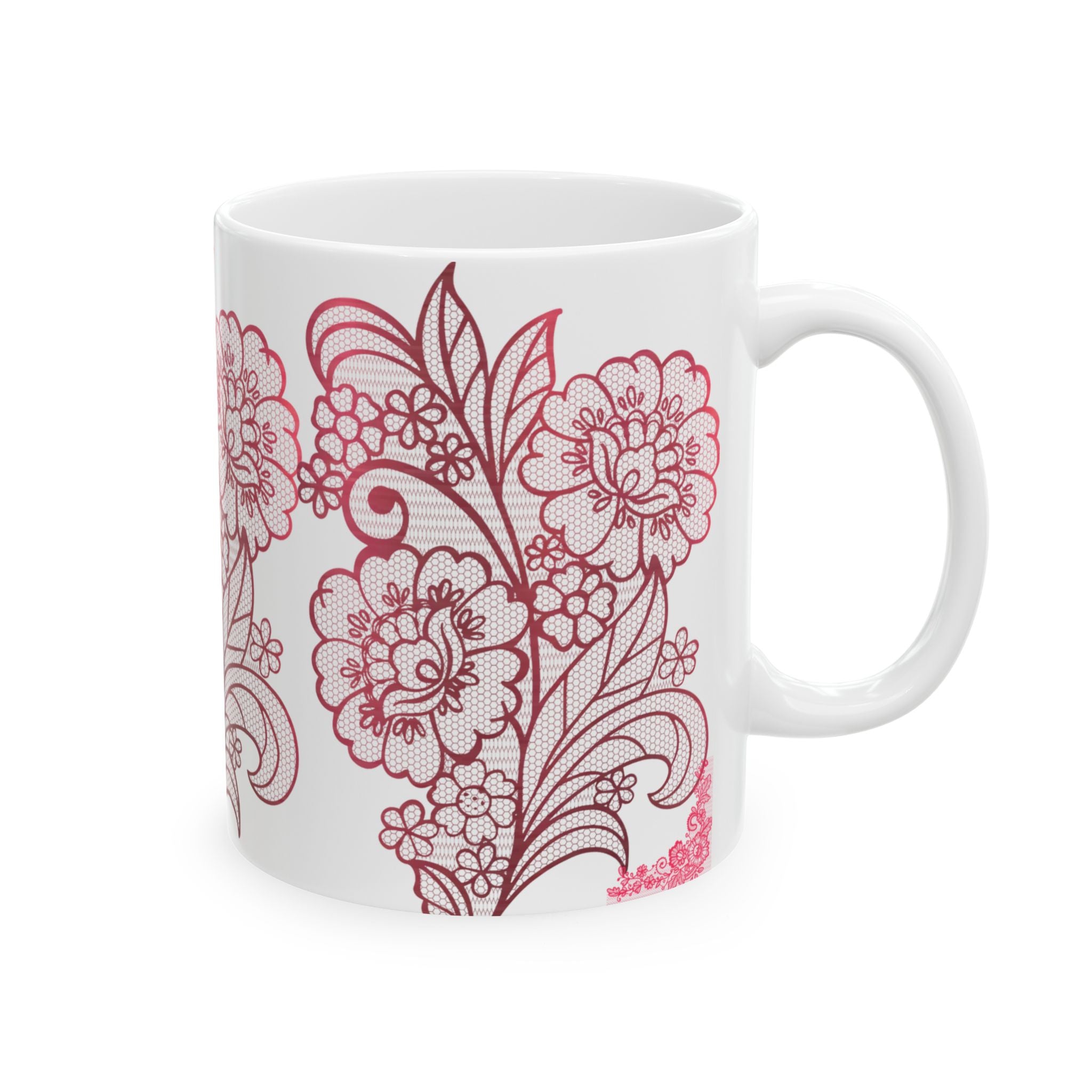 Floral Lace Red Ceramic Mug — Vintage Rose Pattern Coffee Cup (11oz & 15oz)
