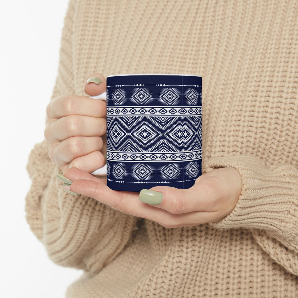 Navy Aztec Pattern Ceramic Mug — Geometric Tribal 11oz & 15oz