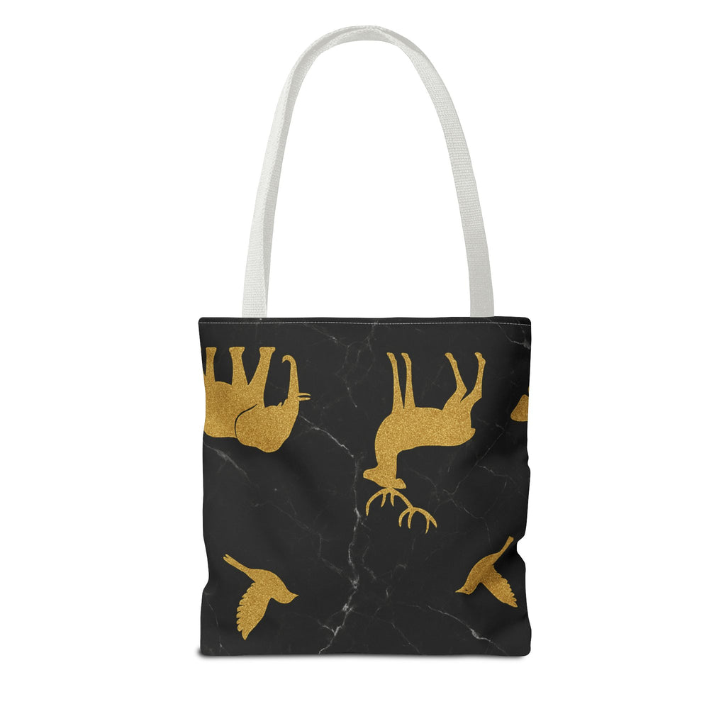 Gold Wildlife Pattern Tote Bag — Black Marble Deer & Elephant All-Over Print