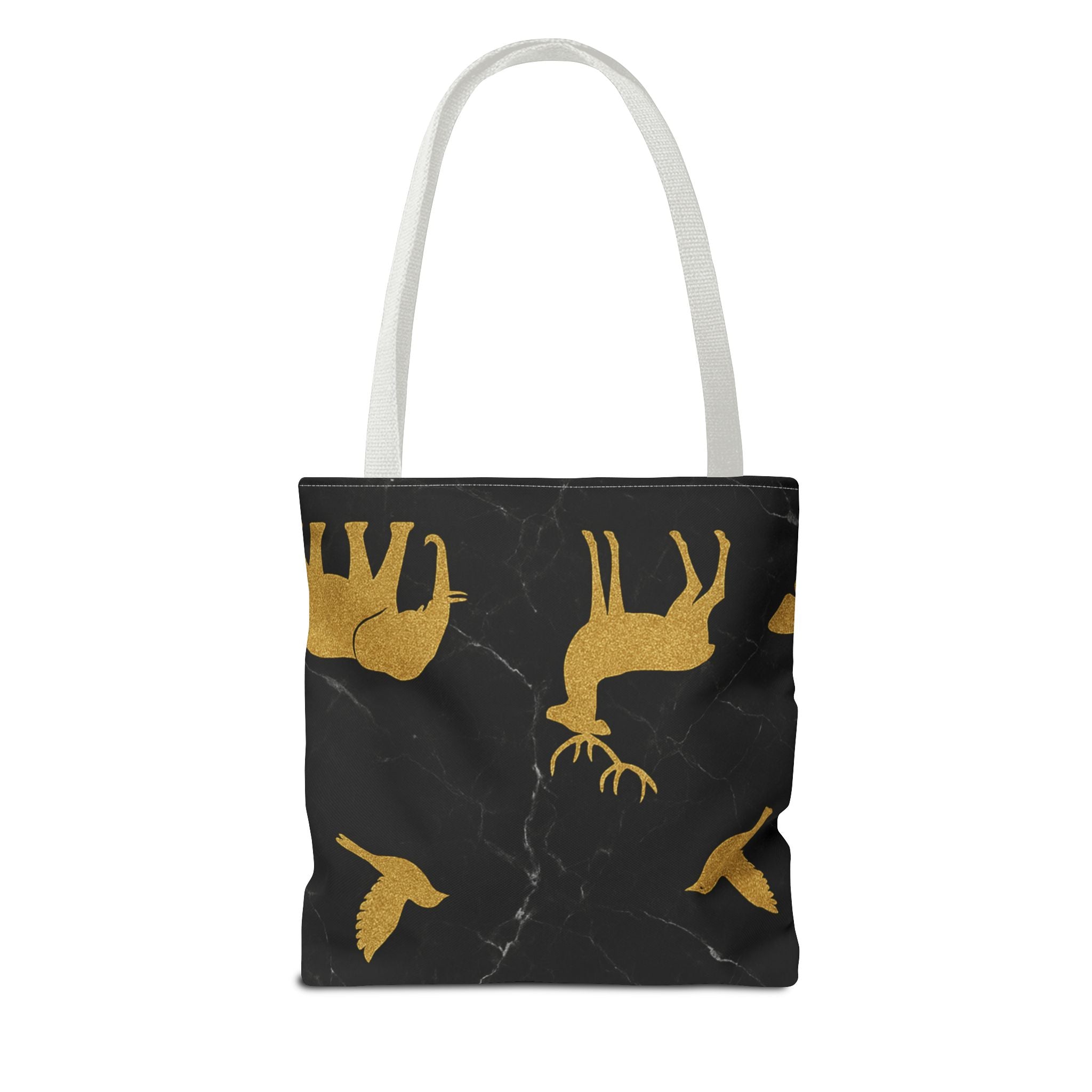 Gold Wildlife Pattern Tote Bag — Black Marble Deer & Elephant All-Over Print