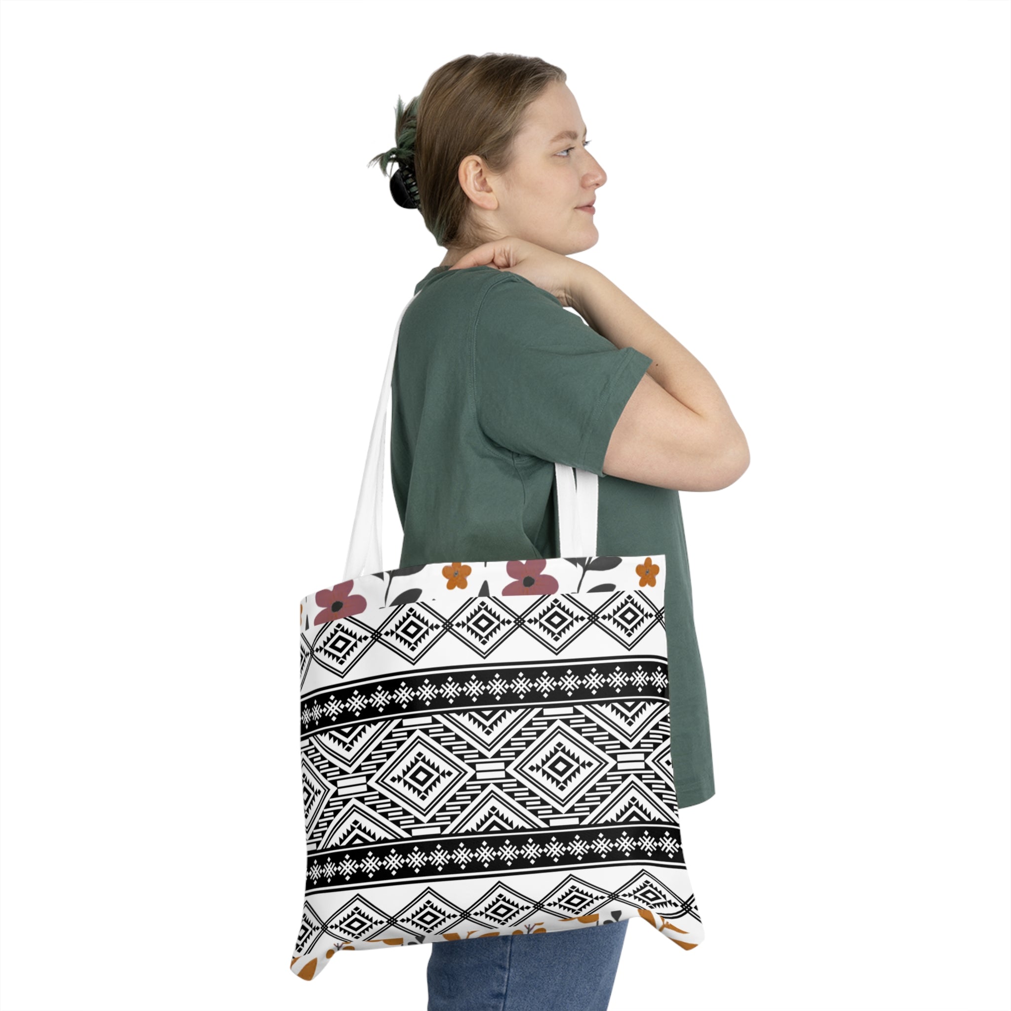 Boho Geometric Shoulder Tote - Tribal Black & White Pattern Canvas Bag