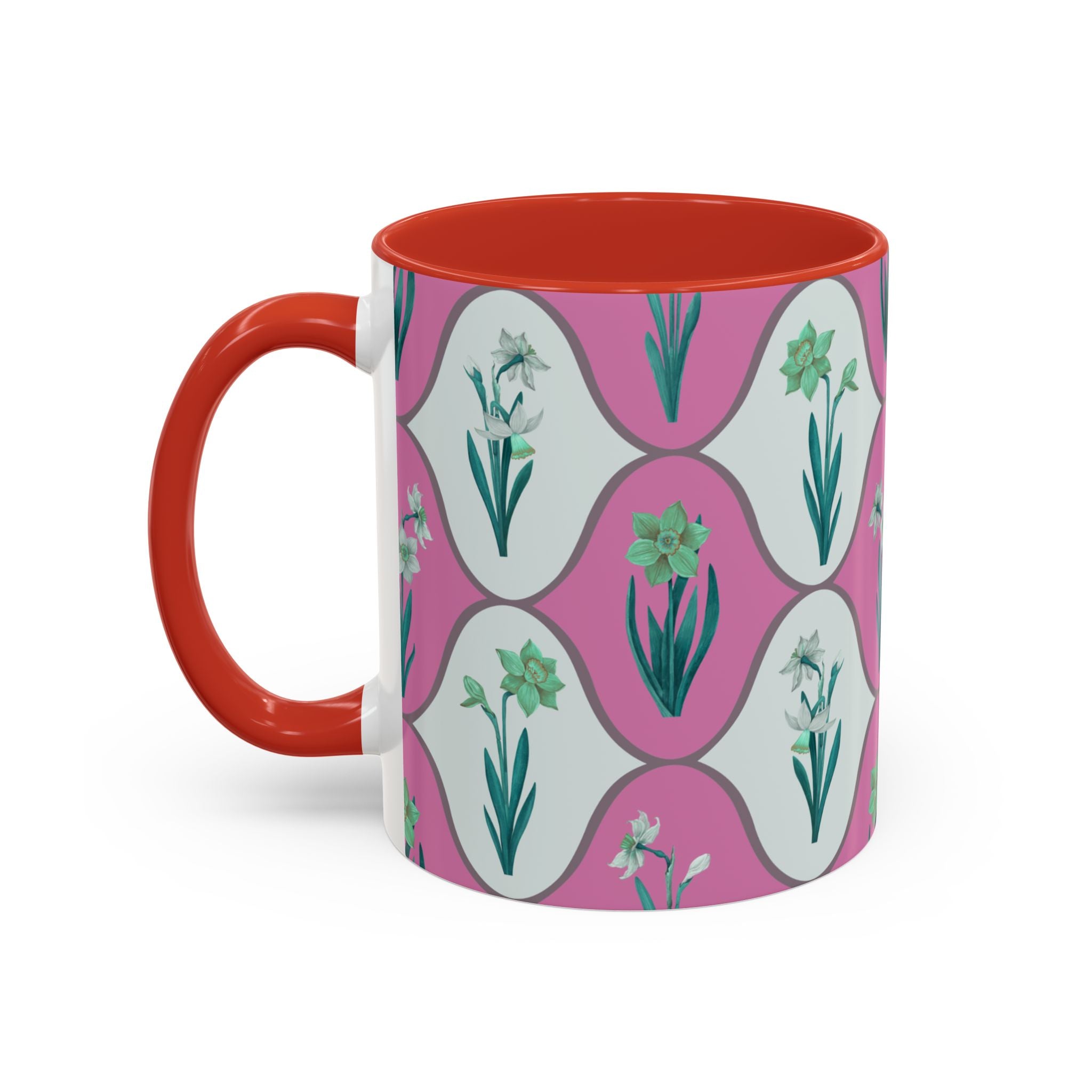 Floral Wave Accent Coffee Mug – Pink Retro Daffodil Pattern (11/15oz)