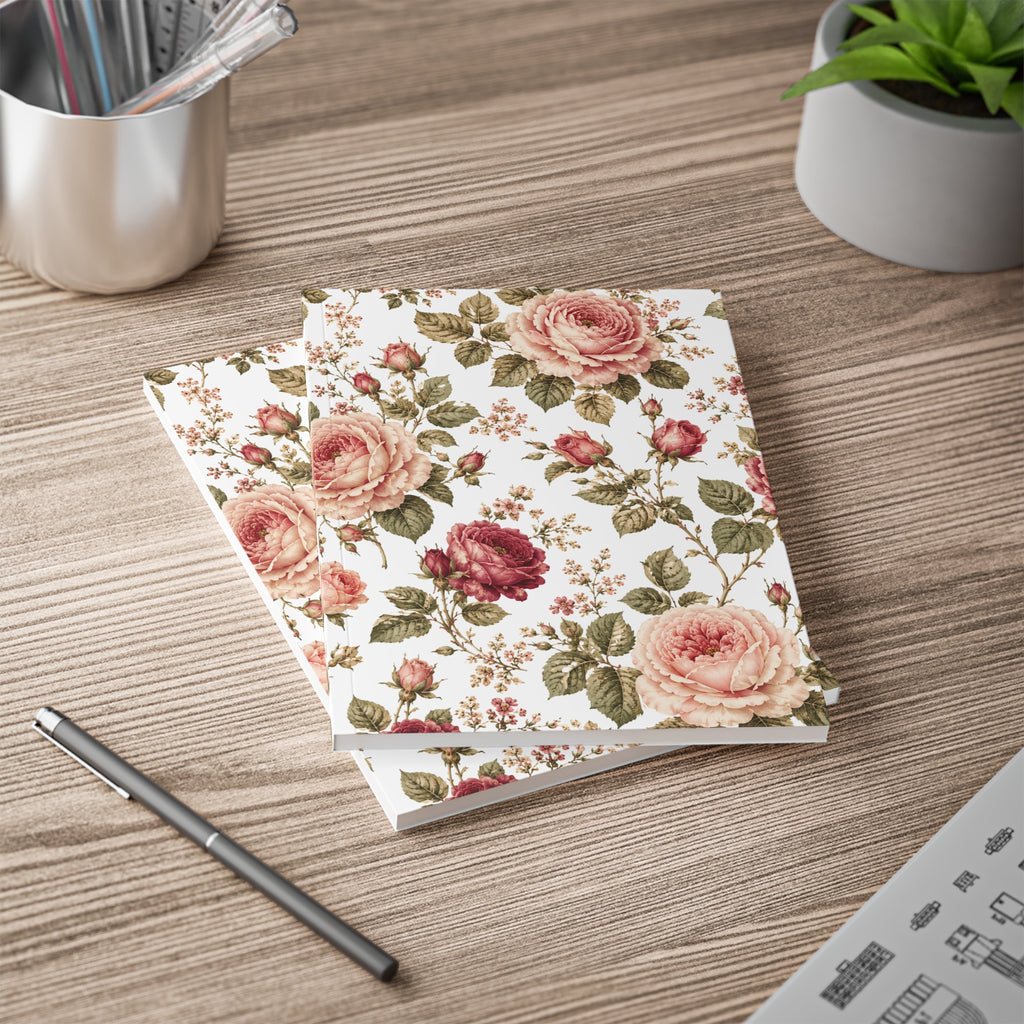 Floral Rose A5 Notebook — Vintage Pink Rose Softcover Journal