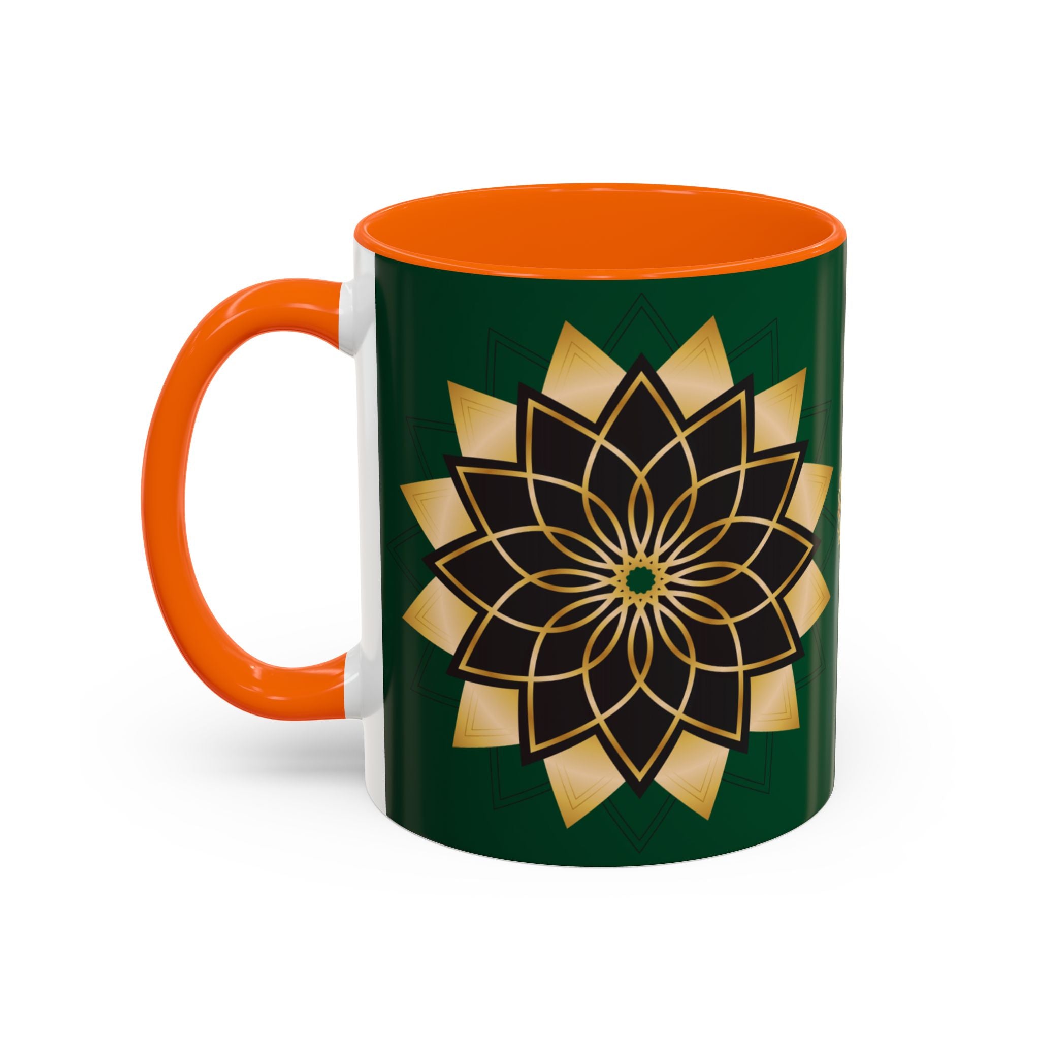 Gold Mandala Accent Coffee Mug — Elegant Green & Black Ceramic 11/15oz