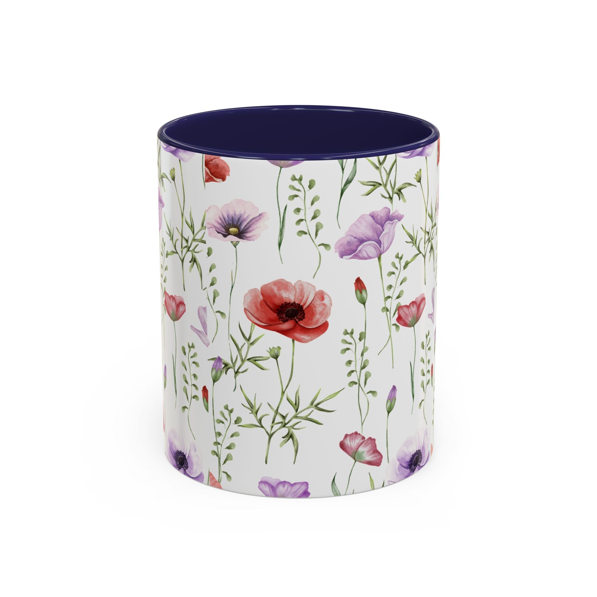 Floral Watercolor Accent Coffee Mug — Poppy & Wildflower Pattern (11/15oz)