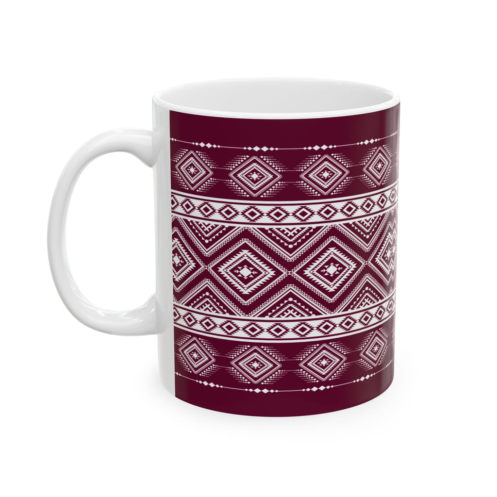 Maroon Aztec Pattern Ceramic Mug – Geometric Tribal Coffee Cup (11oz/15oz)