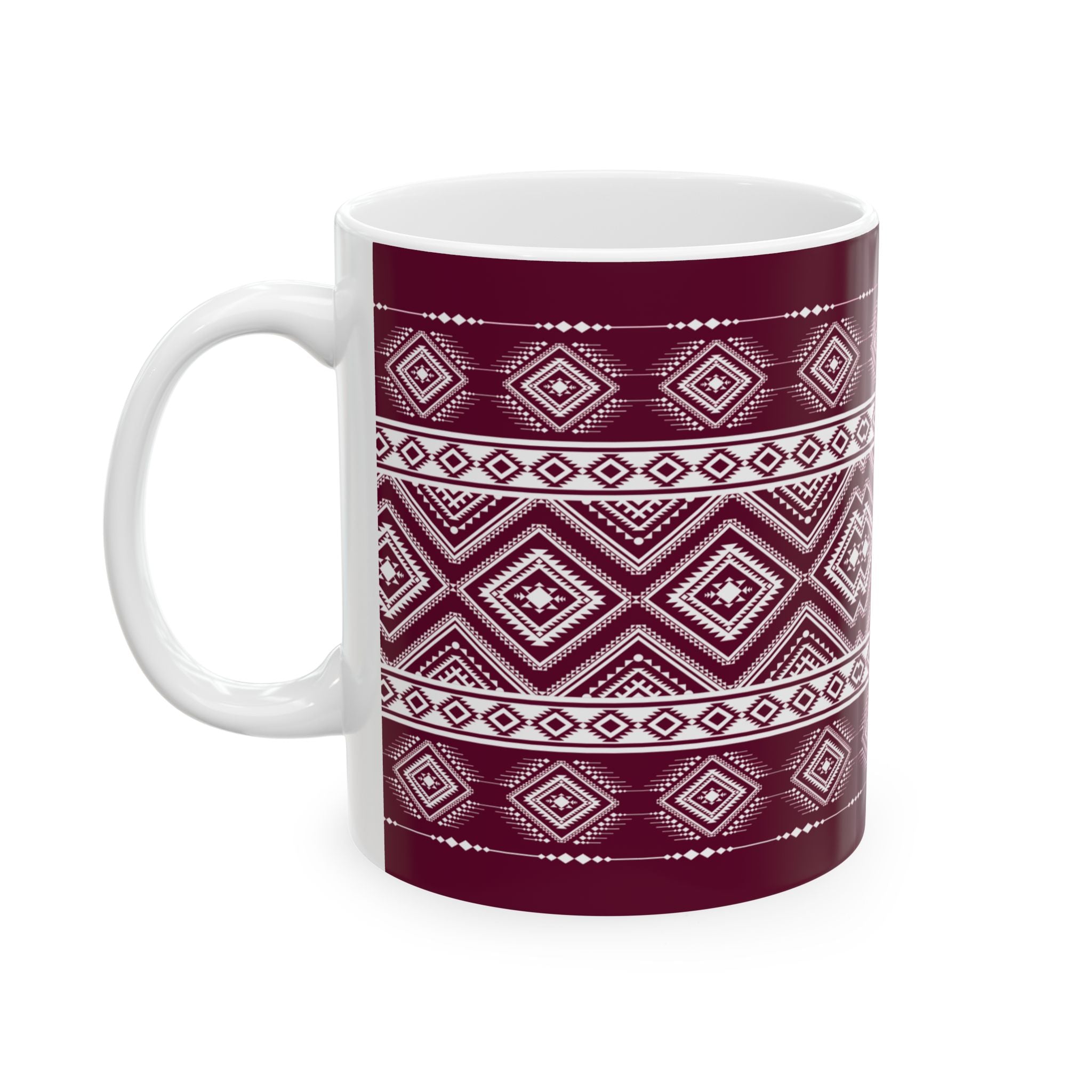 Maroon Aztec Pattern Ceramic Mug – Geometric Tribal Coffee Cup (11oz/15oz)