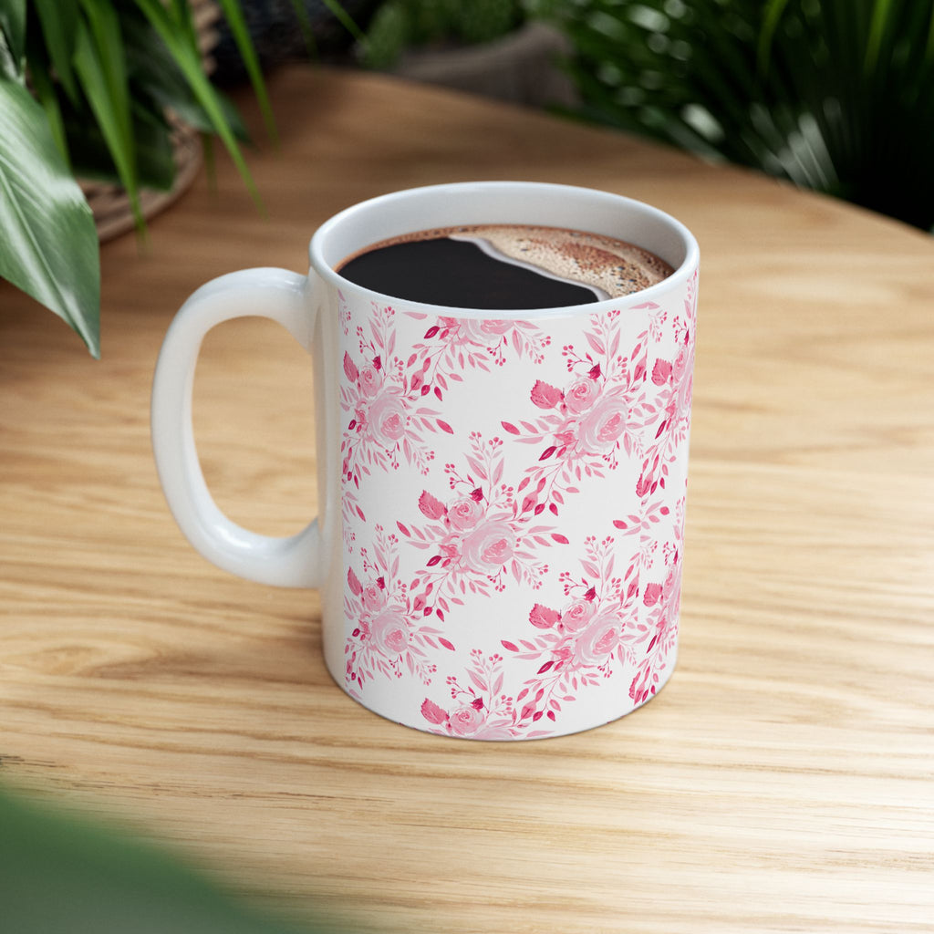 Pink Watercolor Floral Mug — Feminine Rose Pattern Ceramic Coffee Cup (11oz, 15oz)