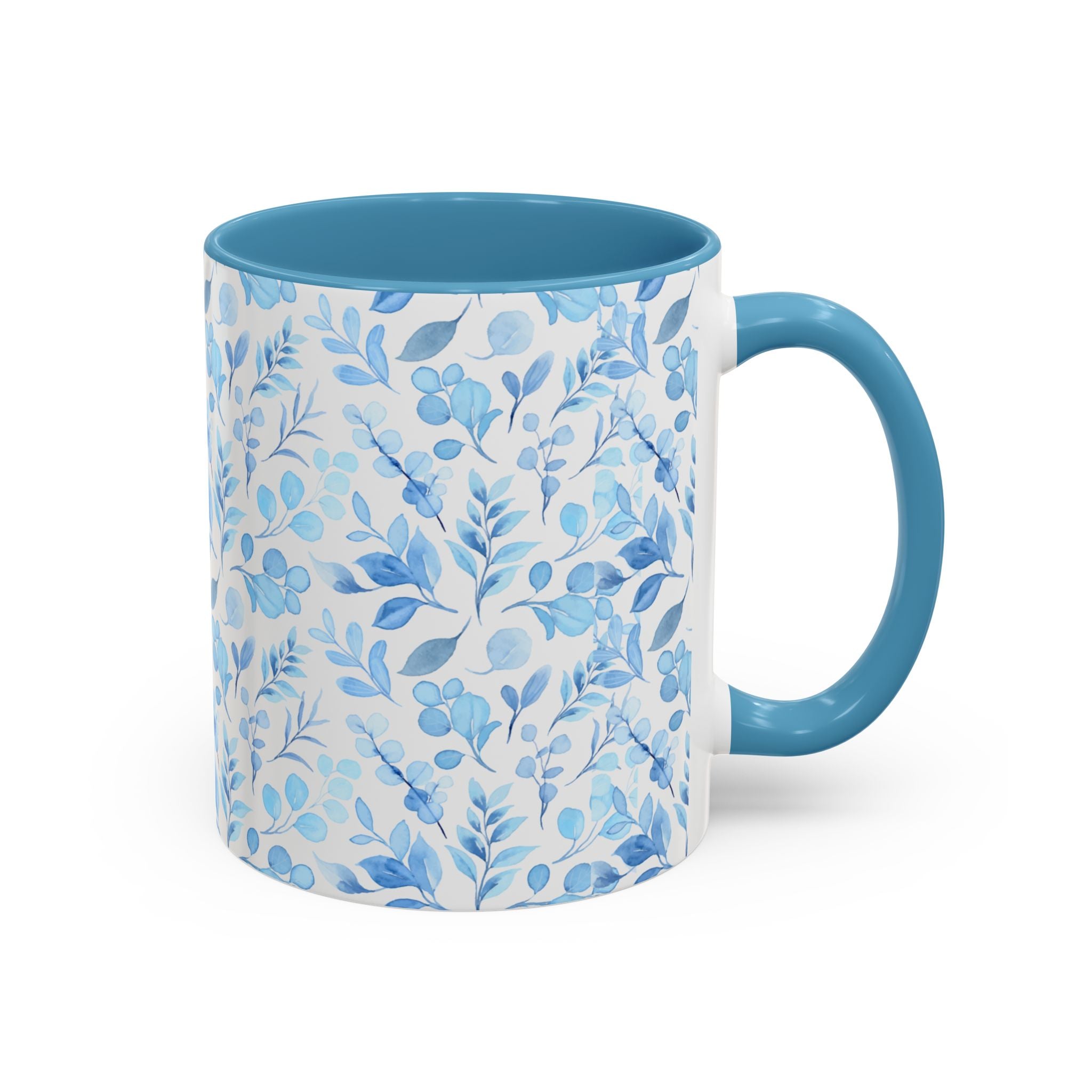 Blue Watercolor Floral Coffee Mug — Accent Handle & Interior