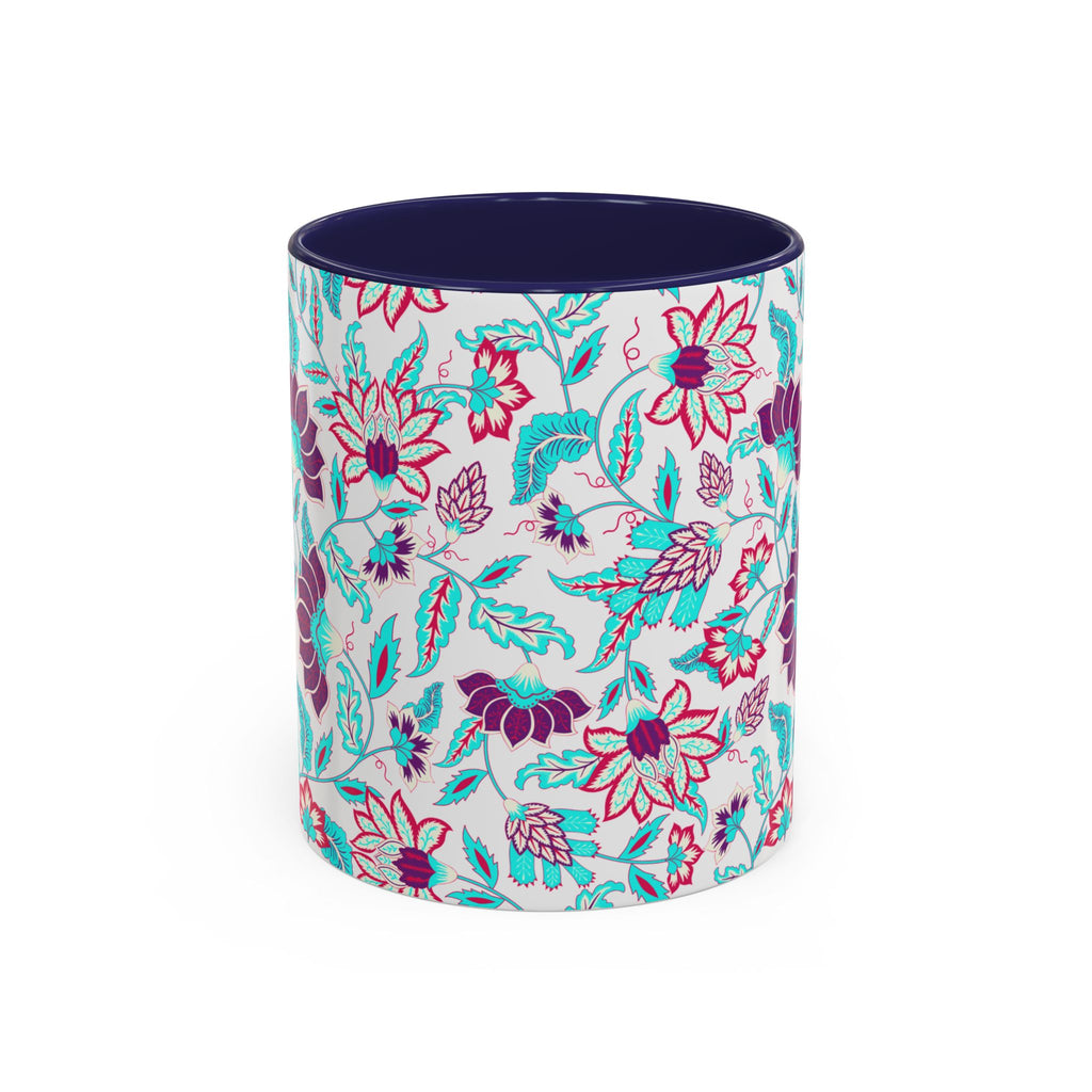 Floral Accent Coffee Mug – Teal & Magenta Patterned Ceramic Mug (11/15oz)