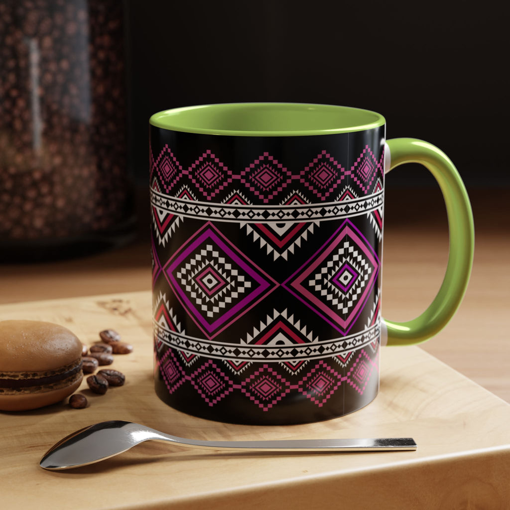 Geometric Aztec Accent Coffee Mug — Pink & Black Tribal Pattern (11/15oz)