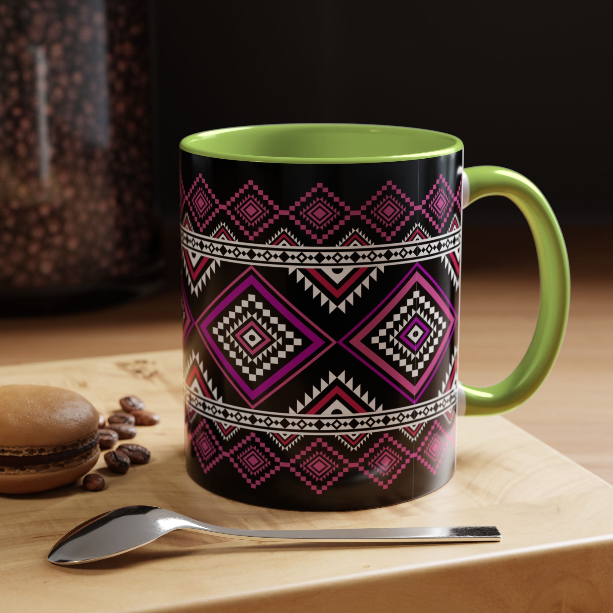 Geometric Aztec Accent Coffee Mug — Pink & Black Tribal Pattern (11/15oz)