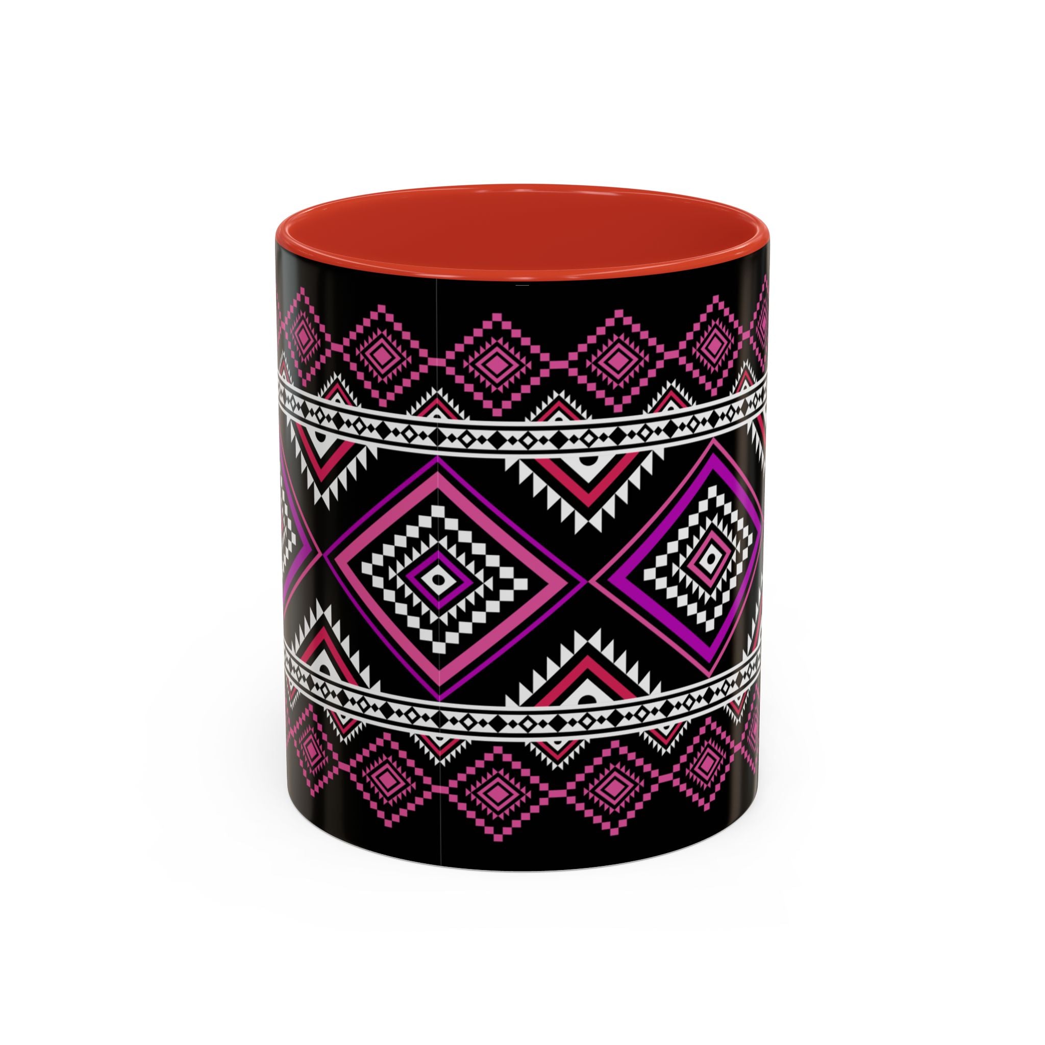 Geometric Aztec Accent Coffee Mug — Pink & Black Tribal Pattern (11/15oz)
