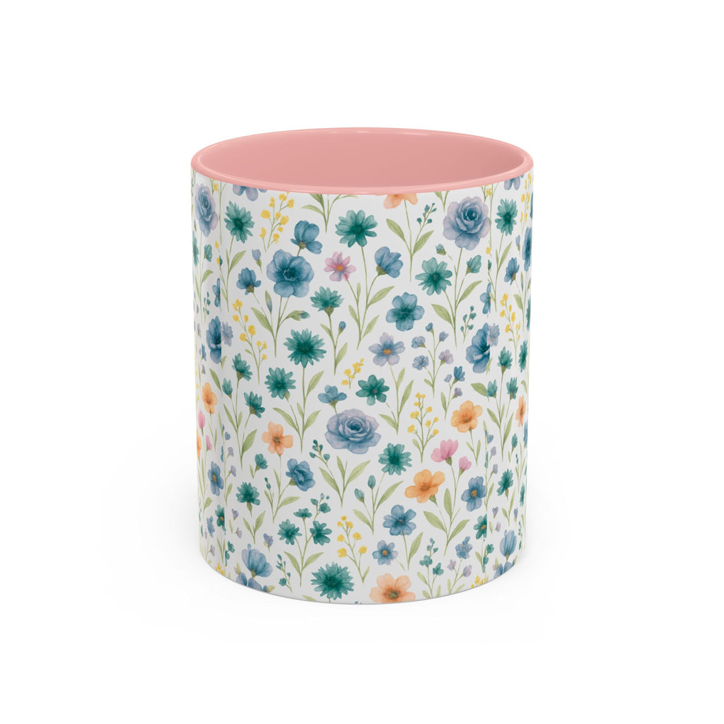 Floral Watercolor Accent Coffee Mug — Blue & Peach Wildflower Pattern (11/15oz)