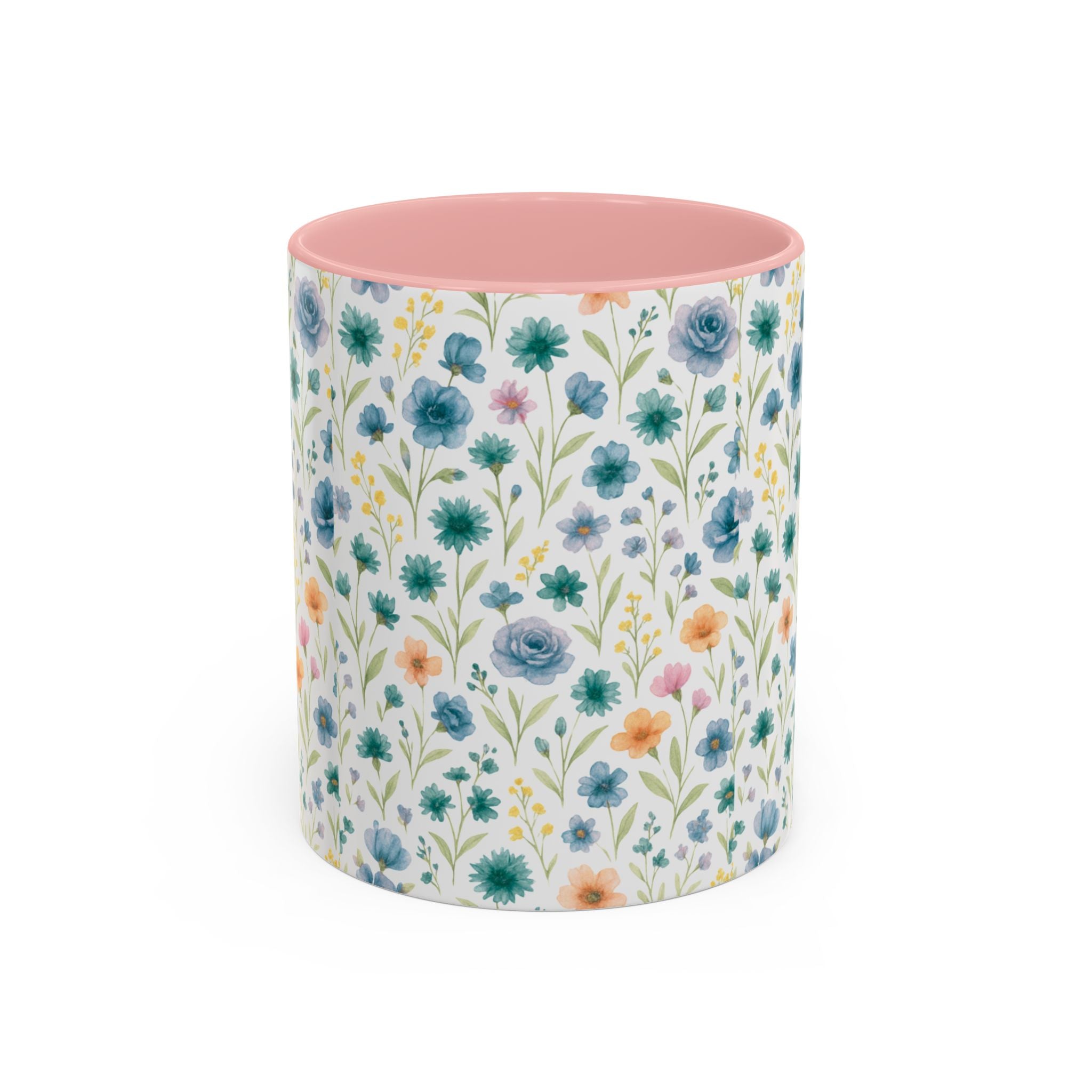 Floral Watercolor Accent Coffee Mug — Blue & Peach Wildflower Pattern (11/15oz)