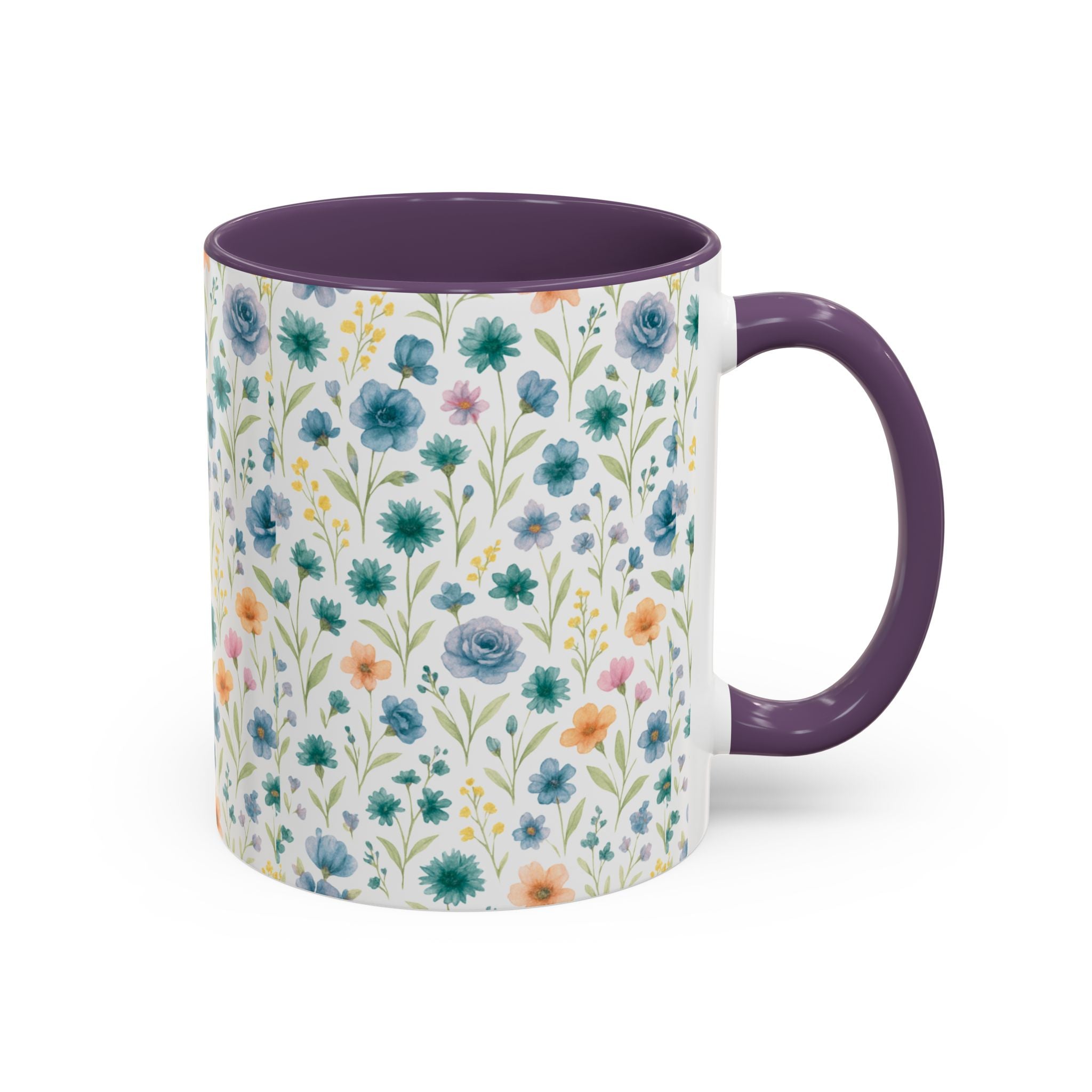 Floral Watercolor Accent Coffee Mug — Blue & Peach Wildflower Pattern (11/15oz)