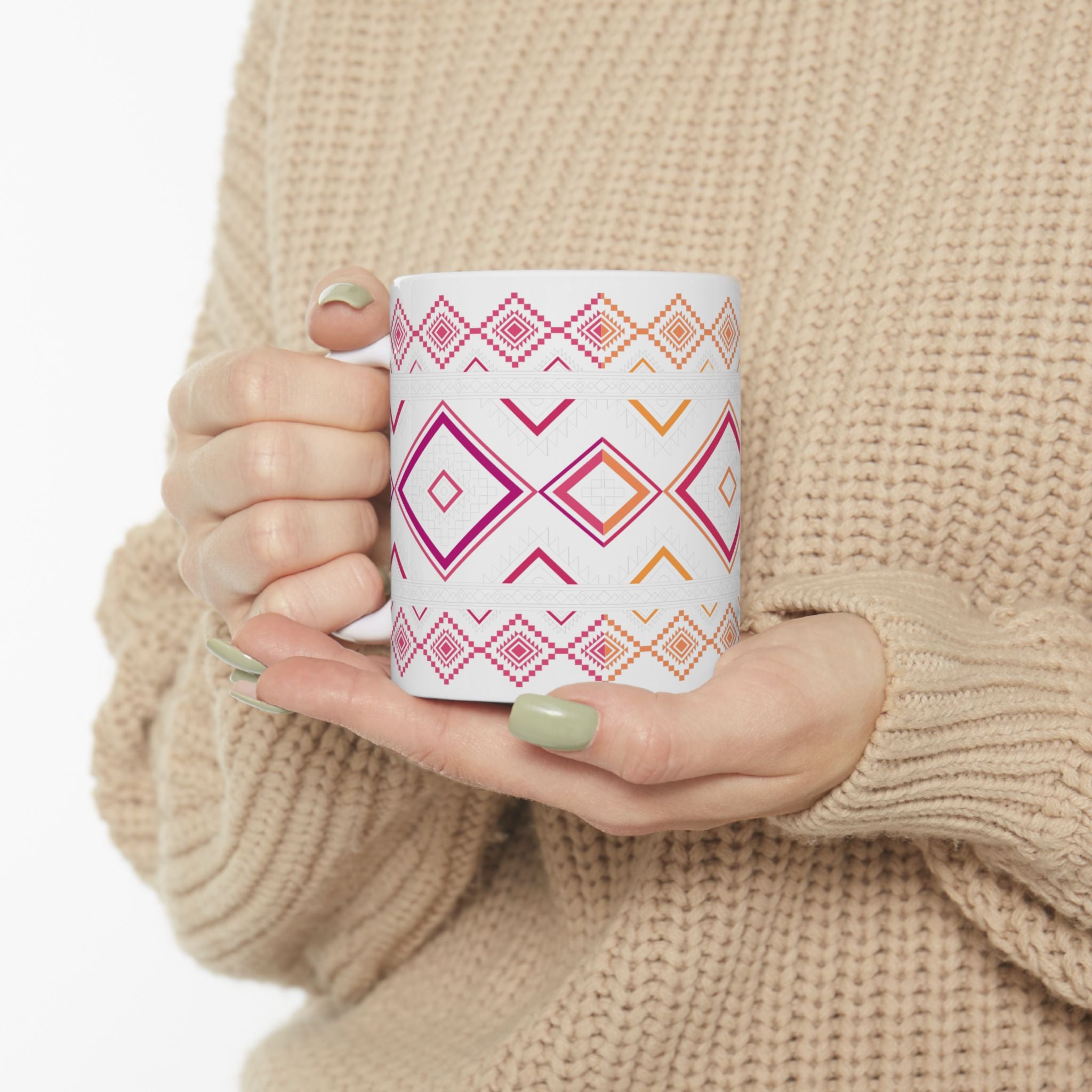 Boho Geo Pattern Ceramic Mug — Pink & Orange Tribal 11oz/15oz