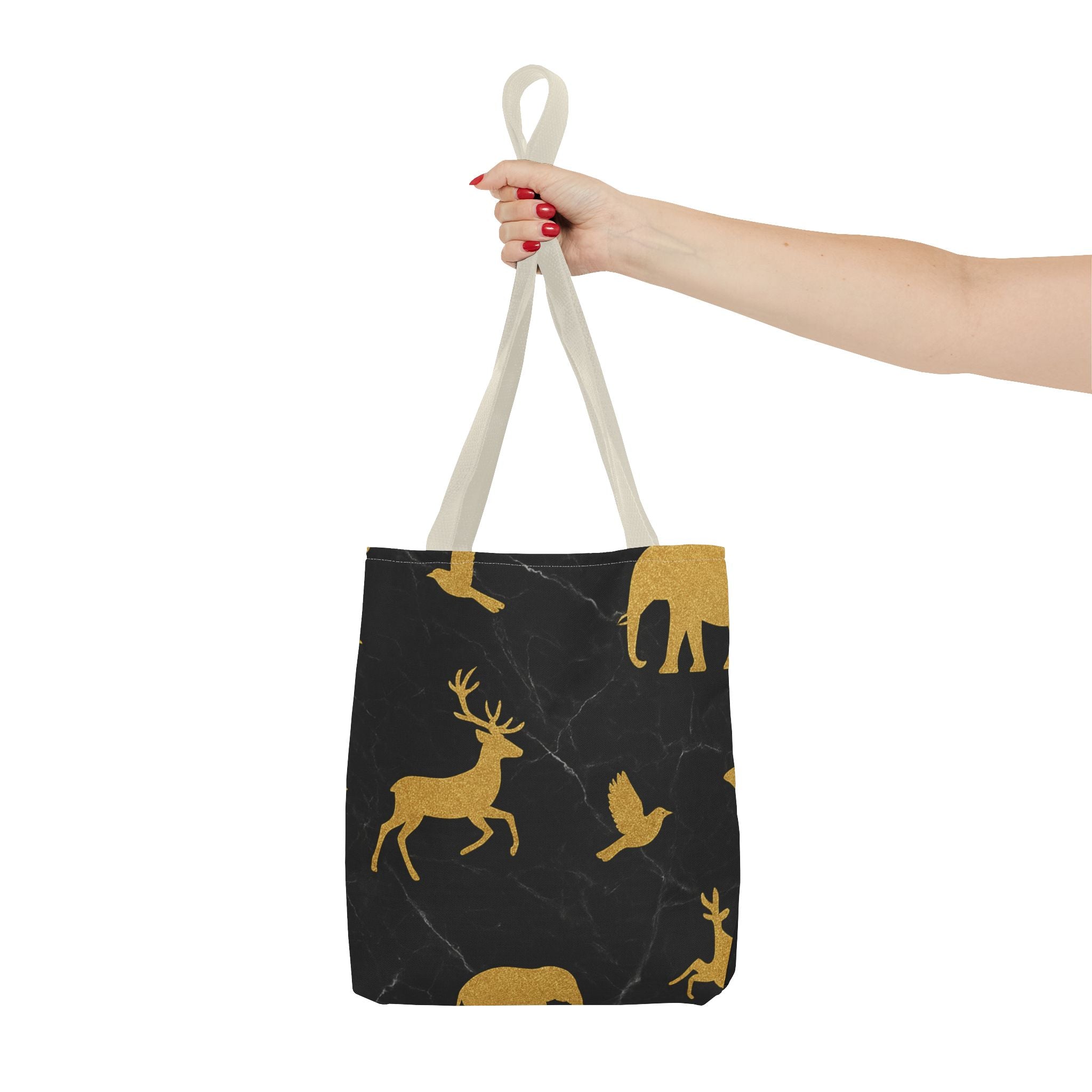 Gold Wildlife Pattern Tote Bag — Black Marble Deer & Elephant All-Over Print