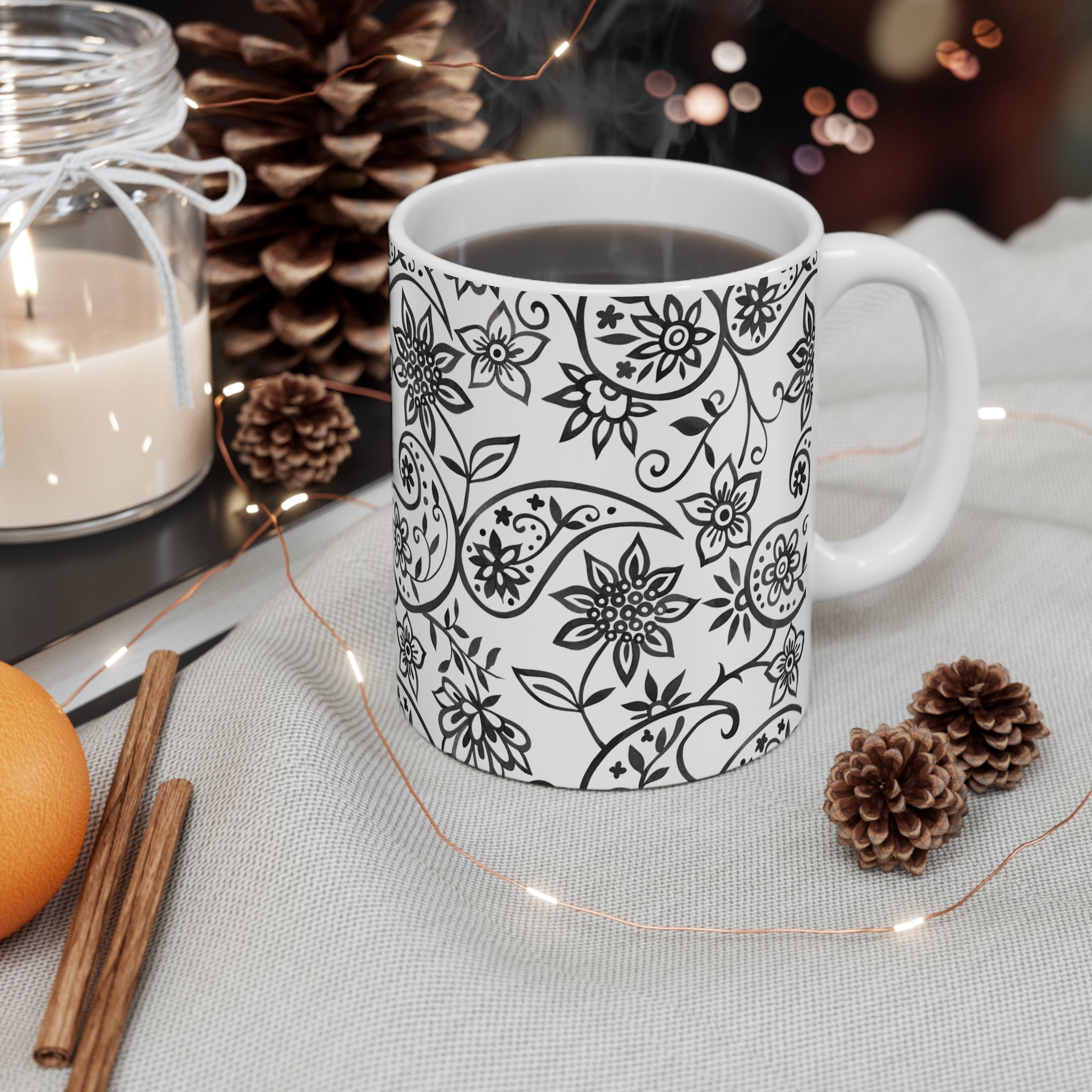 Black Paisley Floral 11oz Mug – Elegant Monochrome Tea & Coffee Cup
