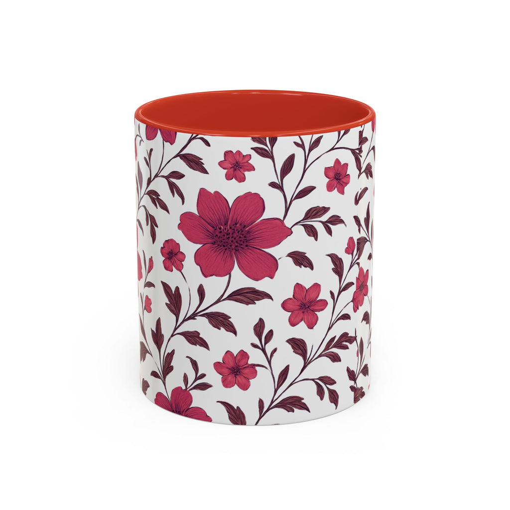 Floral Burgundy Accent Coffee Mug — Pink Blossom Pattern, 11/15oz