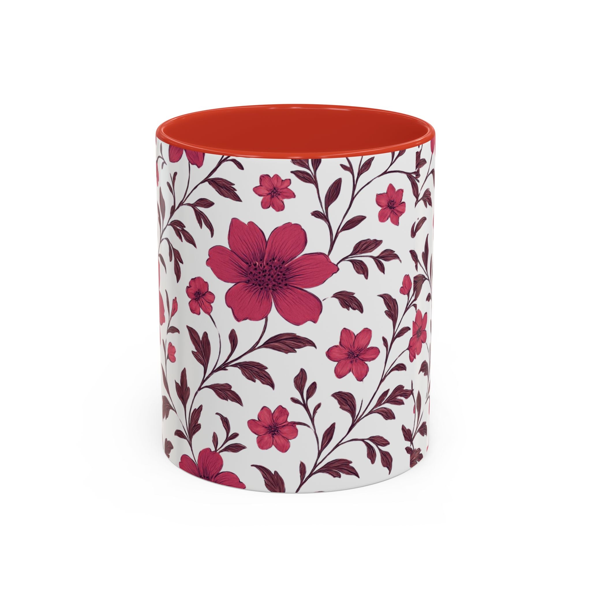 Floral Burgundy Accent Coffee Mug — Pink Blossom Pattern, 11/15oz