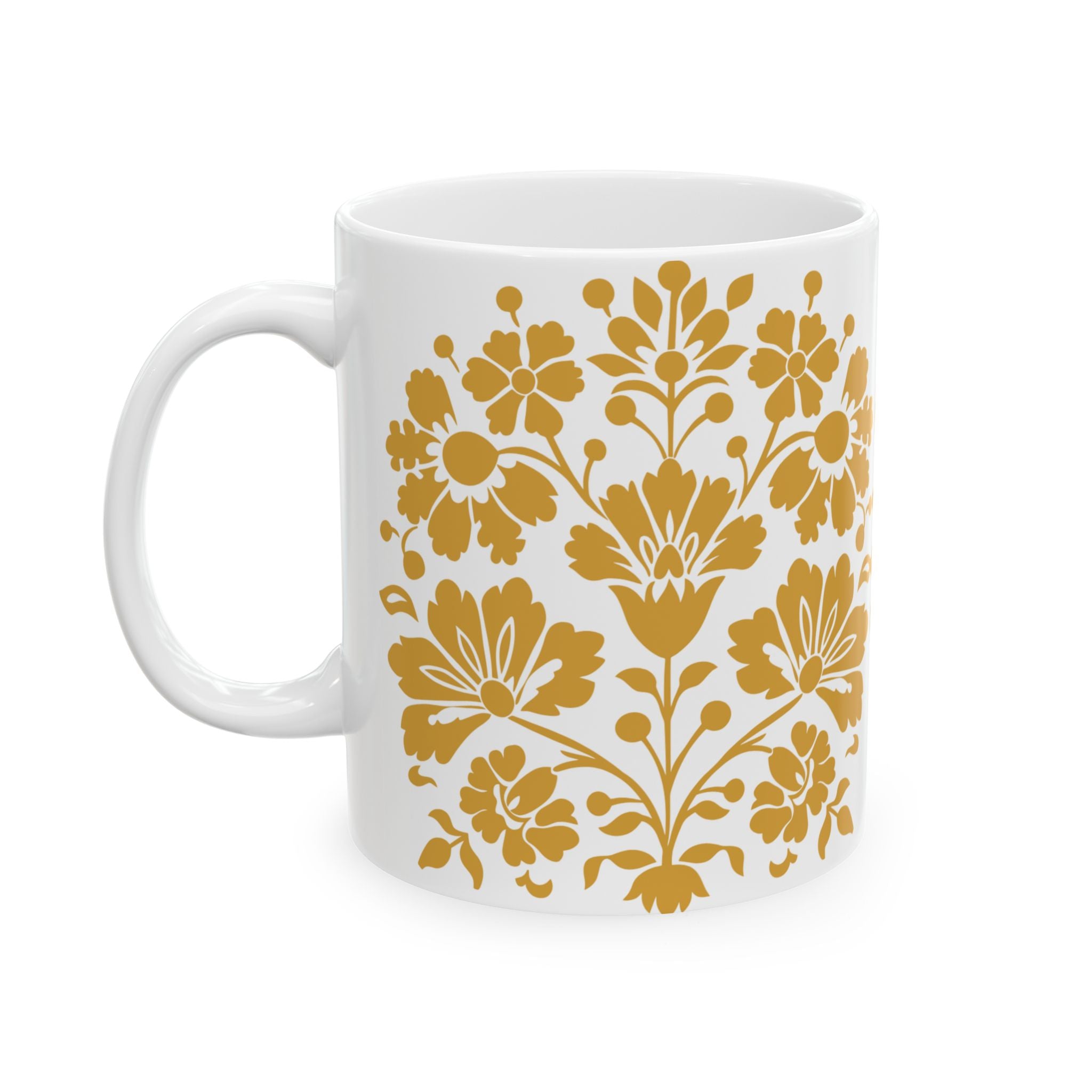 Golden Floral Ceramic Mug – Vintage Daisy Pattern Coffee Cup (11oz, 15oz)