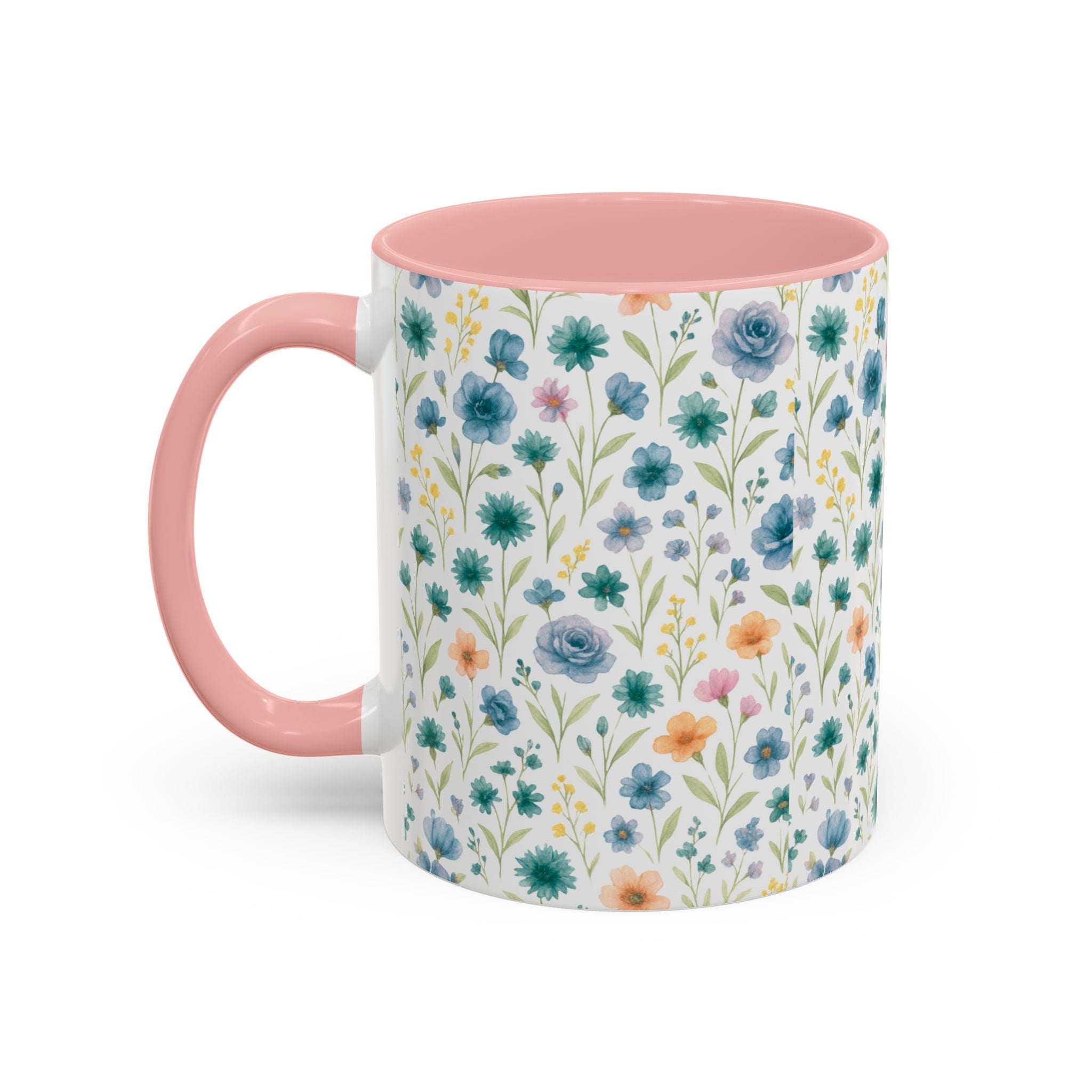 Floral Watercolor Accent Coffee Mug — Blue & Peach Wildflower Pattern (11/15oz)