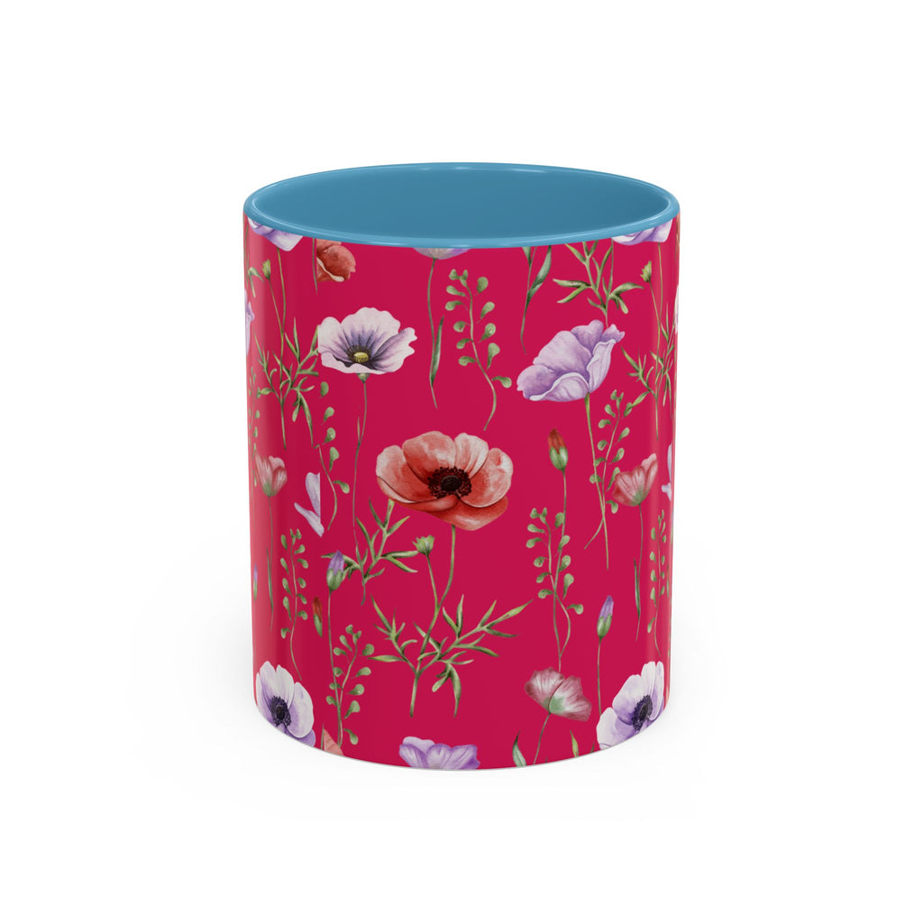 Floral Poppy Accent Coffee Mug — Red Botanical Pattern (11/15 oz)