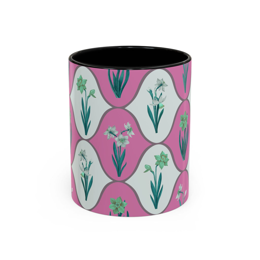 Floral Wave Accent Coffee Mug – Pink Retro Daffodil Pattern (11/15oz)