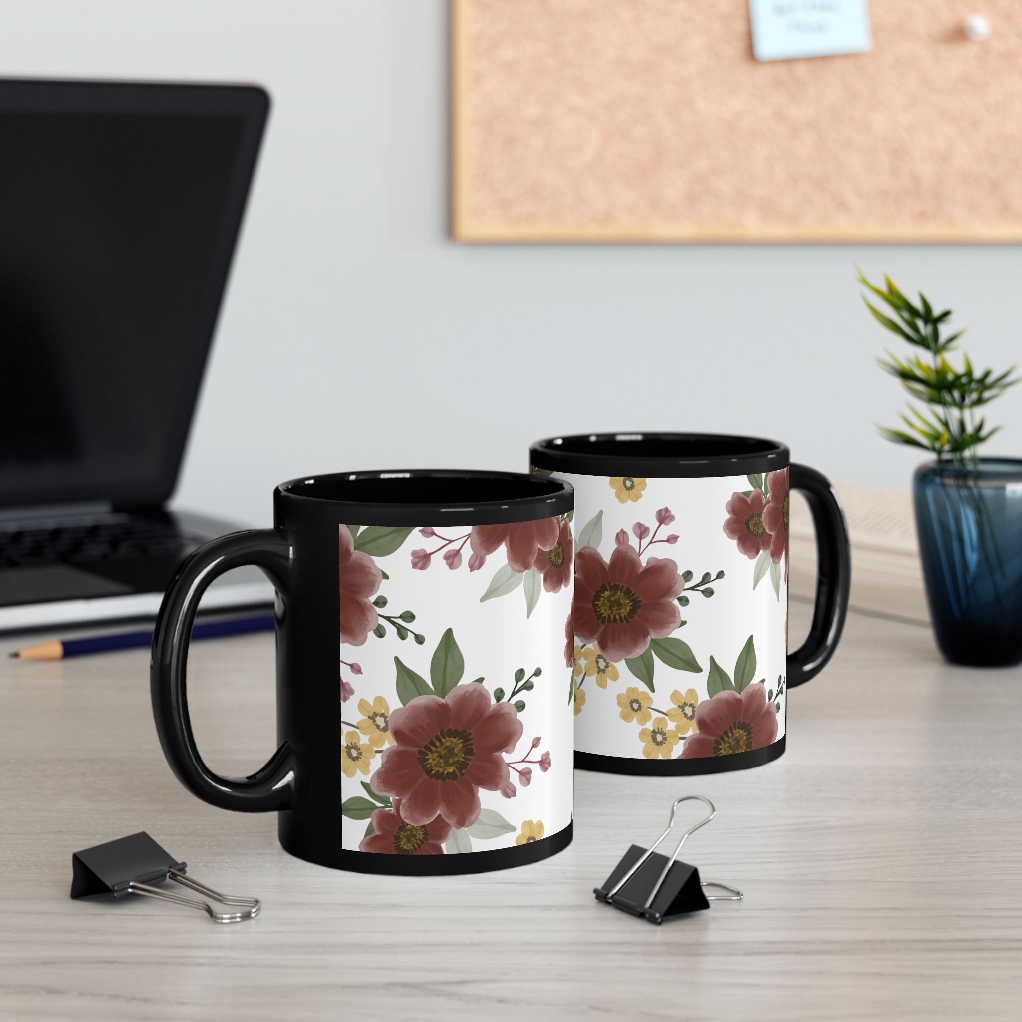 Floral Pattern Black Mug – Pink & Yellow Garden Flowers (11oz/15oz)