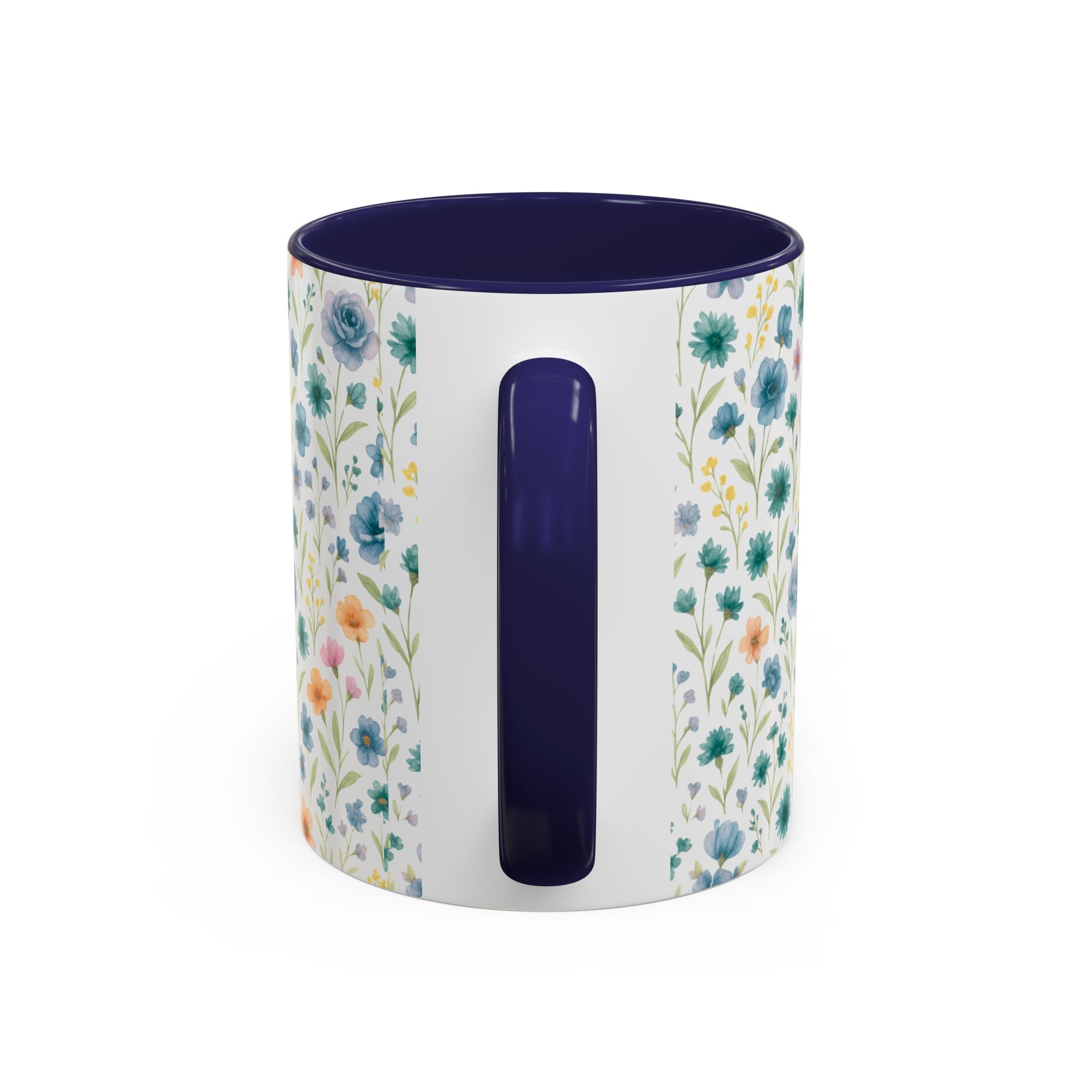 Floral Watercolor Accent Coffee Mug — Blue & Peach Wildflower Pattern (11/15oz)