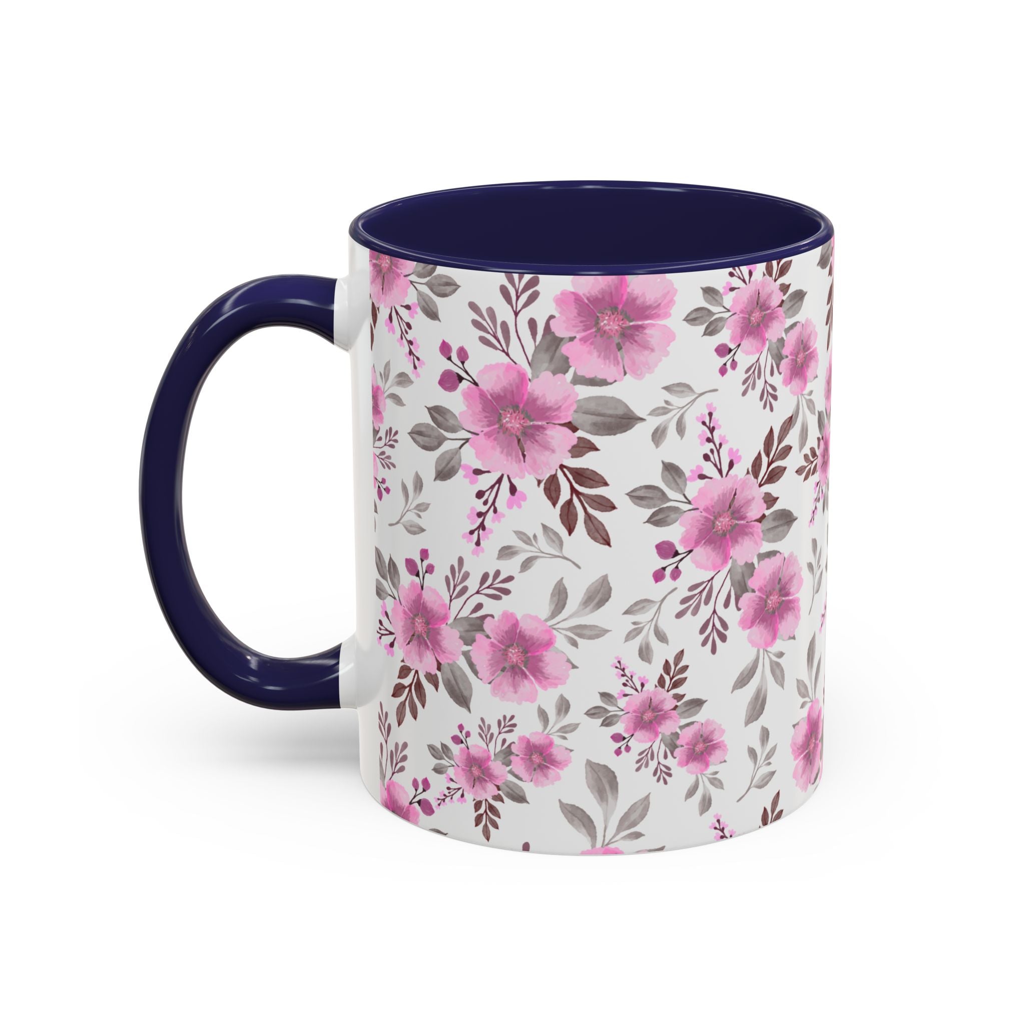 Pink Floral Accent Coffee Mug — Ceramic Rose Pattern 11/15oz