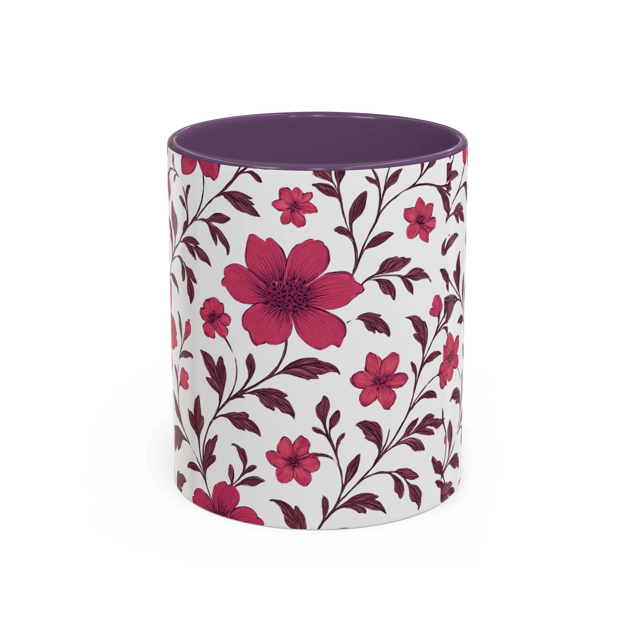 Floral Burgundy Accent Coffee Mug — Pink Blossom Pattern, 11/15oz