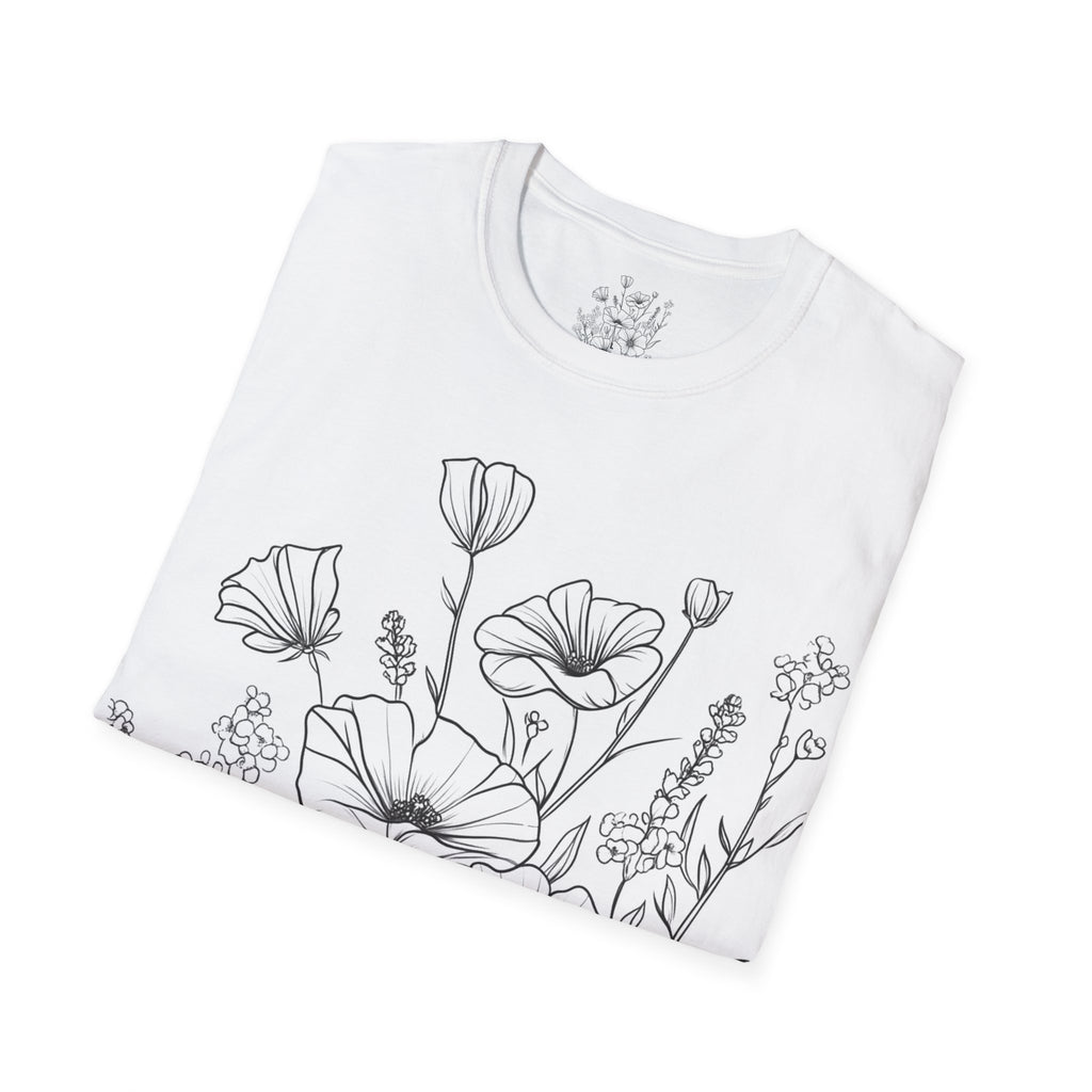 Floral Line Art T-Shirt — Botanical Poppy Sketch Tee