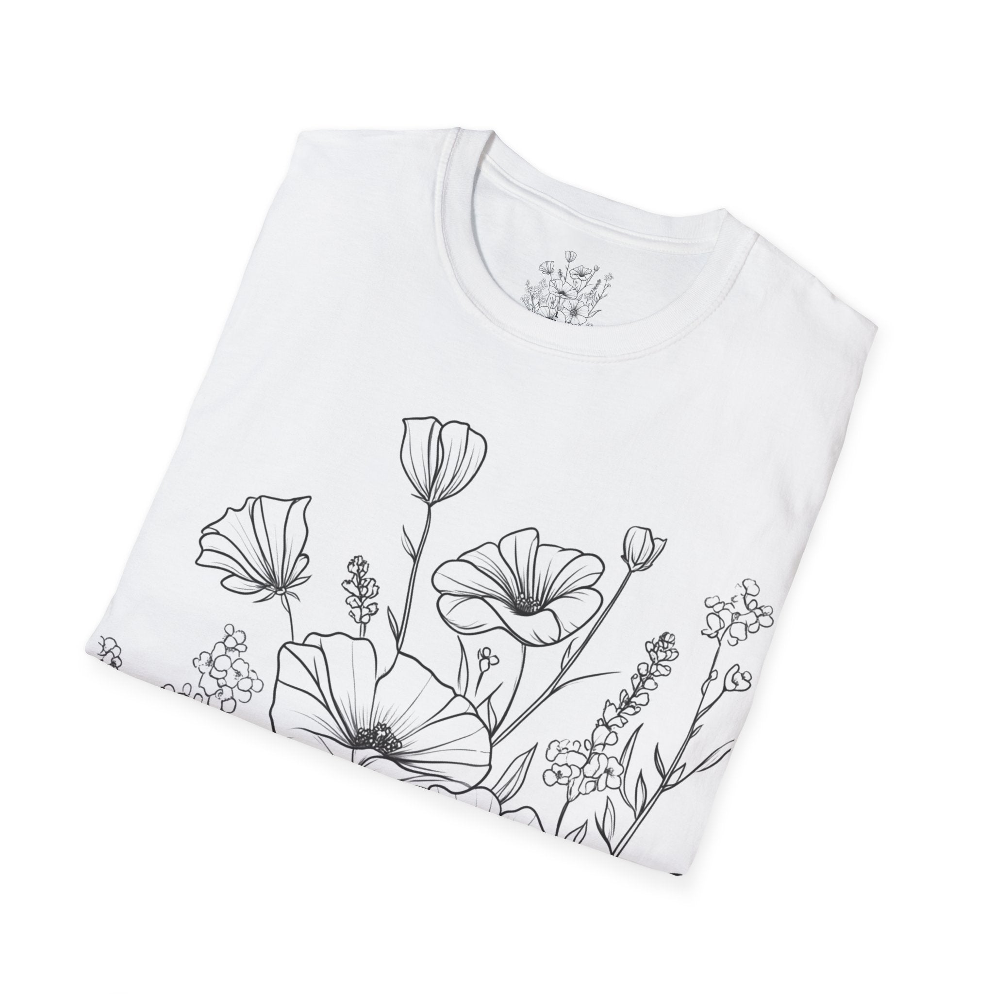 Floral Line Art T-Shirt — Botanical Poppy Sketch Tee