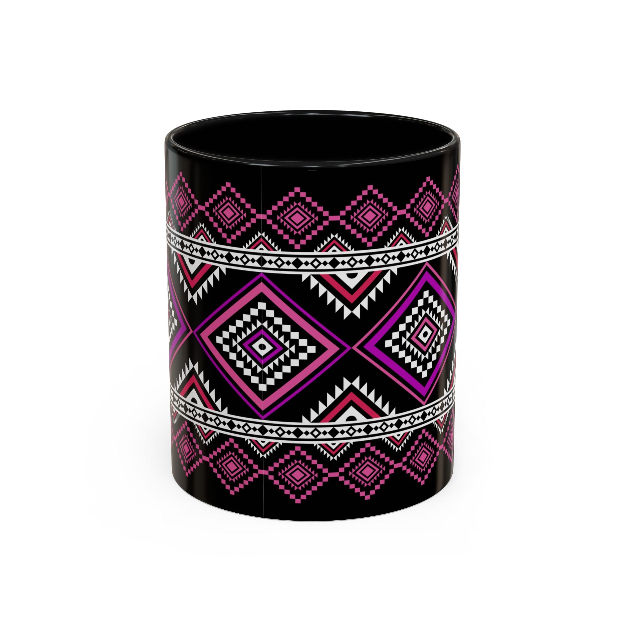 Geometric Aztec Accent Coffee Mug — Pink & Black Tribal Pattern (11/15oz)