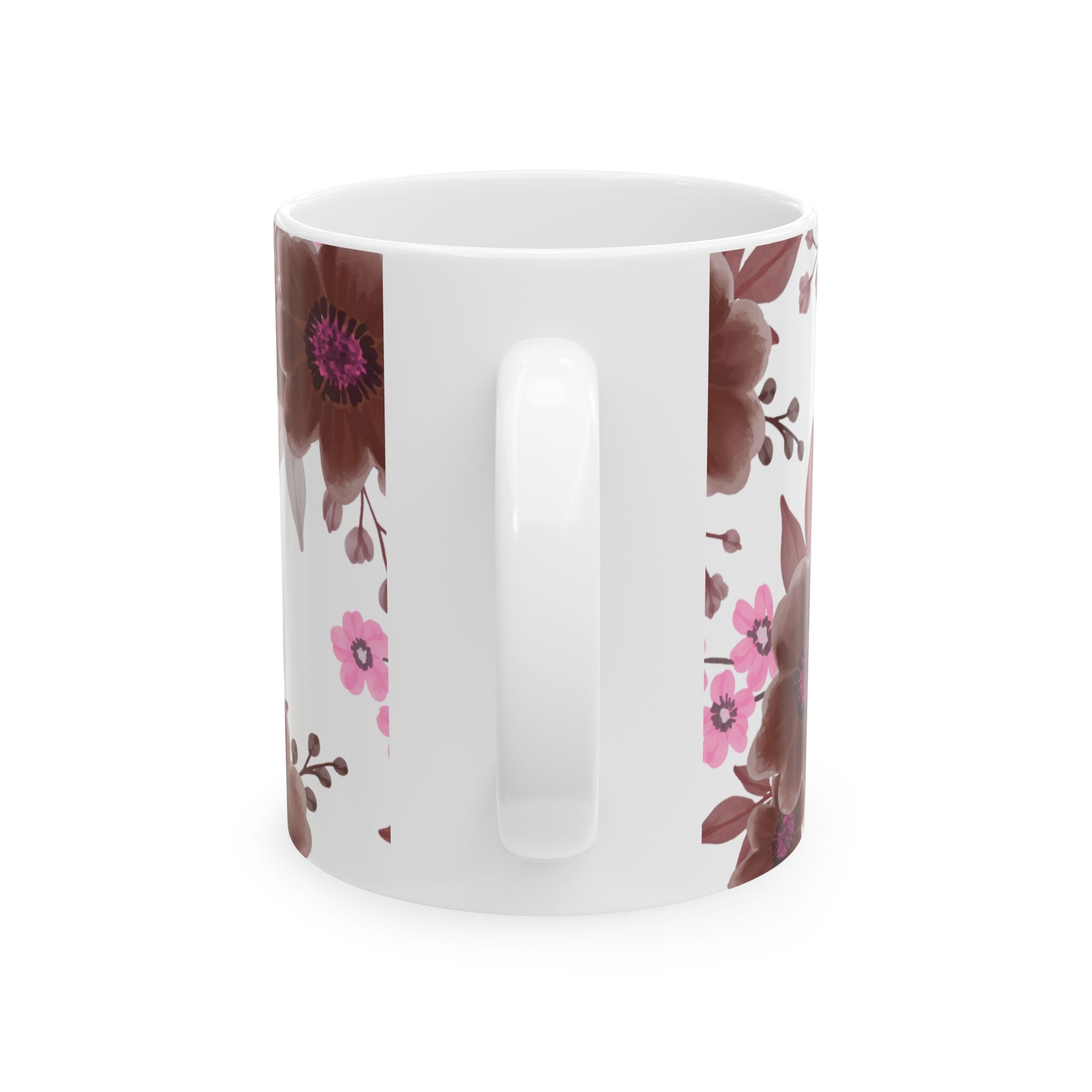Floral Ceramic Mug — Pink & Brown Vintage Flower Coffee Cup (11oz, 15oz)