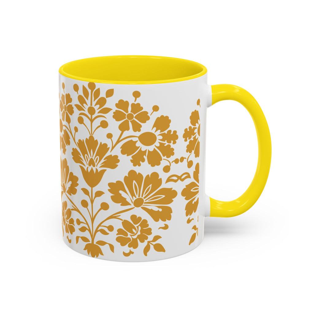 Gold Floral Accent Coffee Mug — Elegant Damask 11/15oz Ceramic