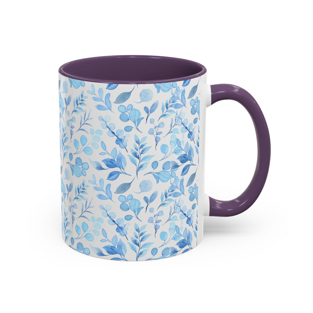Blue Watercolor Floral Coffee Mug — Accent Handle & Interior