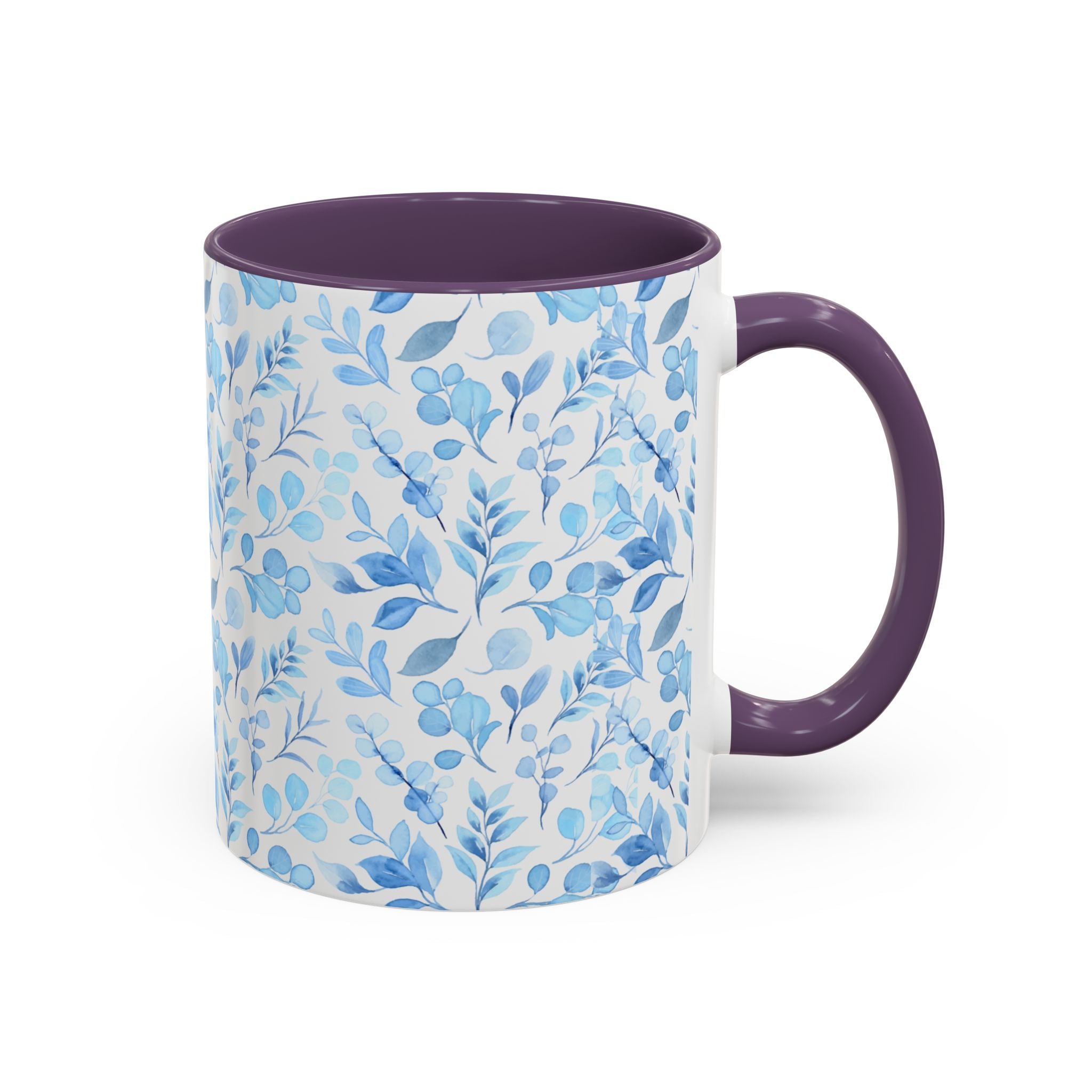 Blue Watercolor Floral Coffee Mug — Accent Handle & Interior
