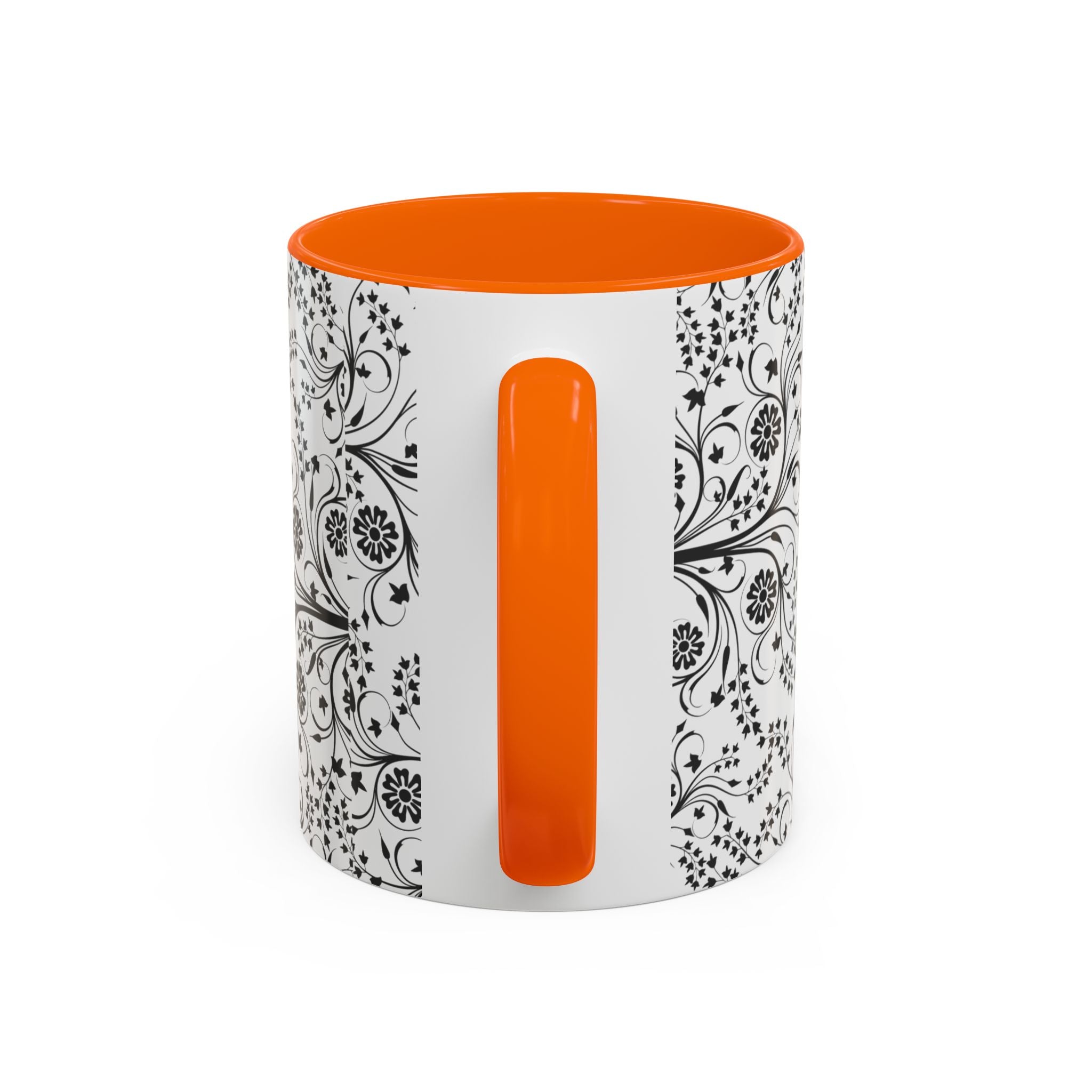 Black Floral Accent Coffee Mug — Elegant Swirl Pattern (11/15oz)
