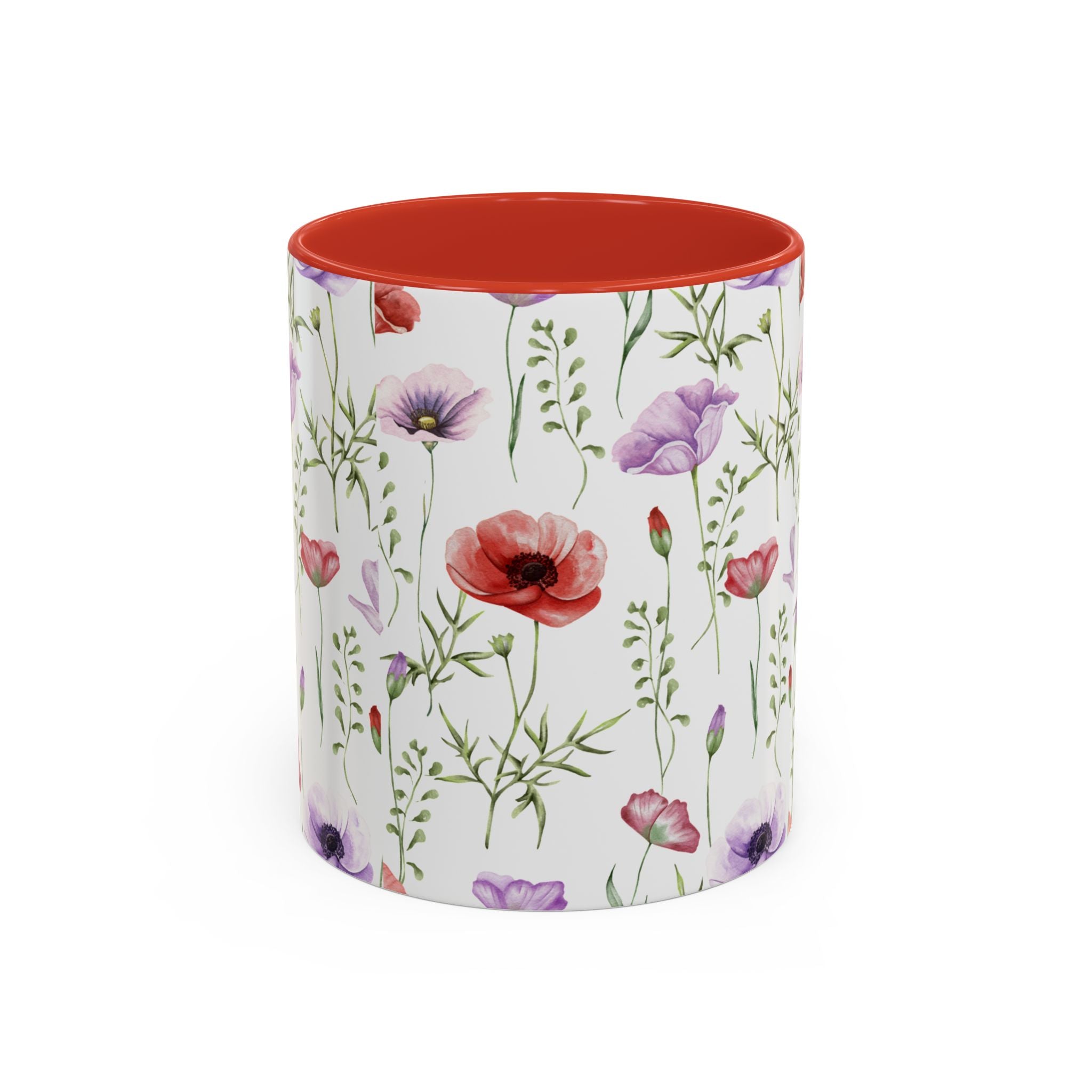 Floral Watercolor Accent Coffee Mug — Poppy & Wildflower Pattern (11/15oz)