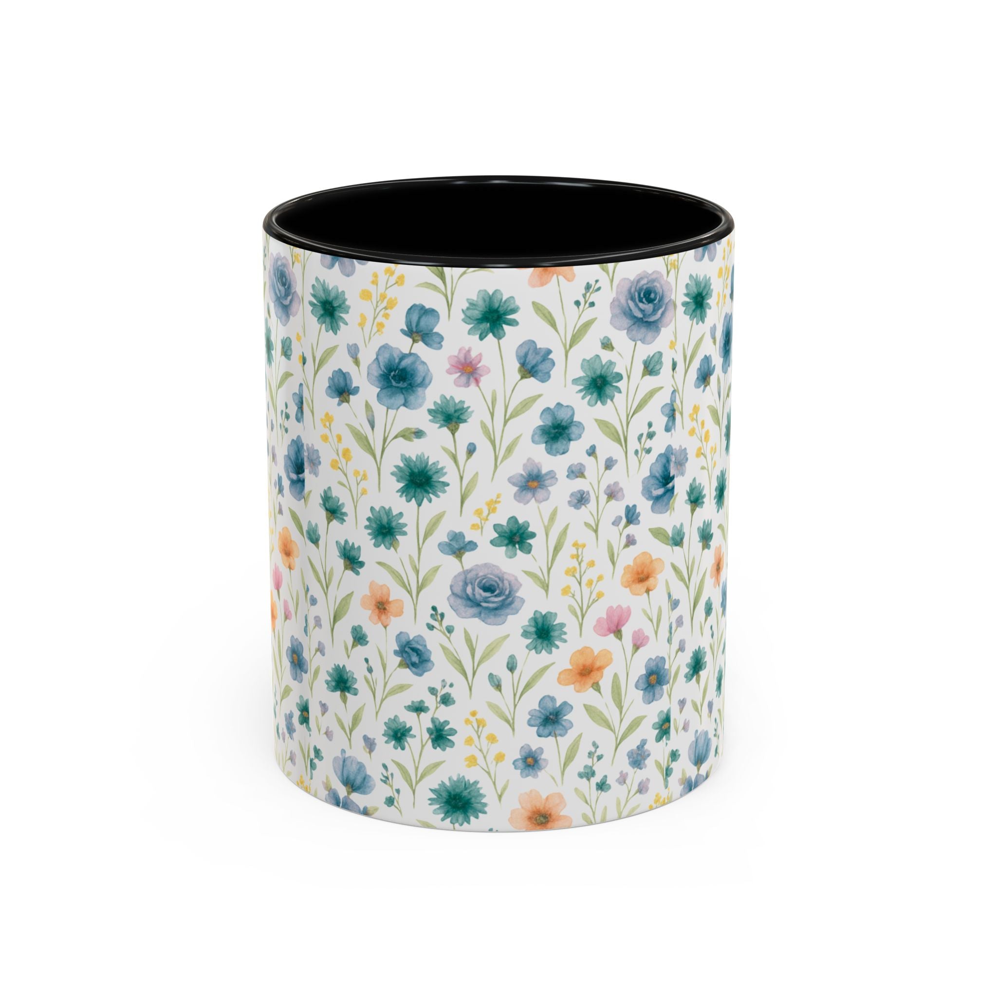 Floral Watercolor Accent Coffee Mug — Blue & Peach Wildflower Pattern (11/15oz)