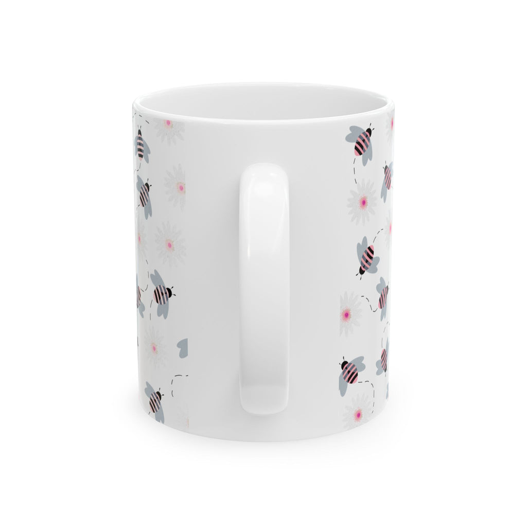 Bee Pattern Ceramic Mug — Cute Striped Bees & Pink Flower Dots, 11oz/15oz