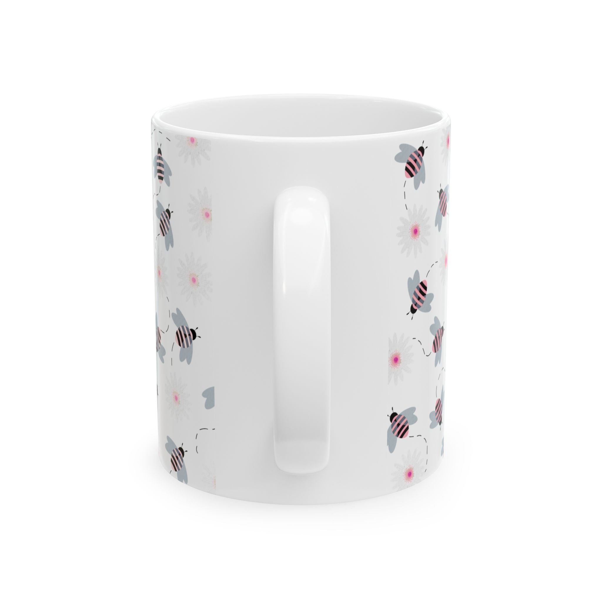 Bee Pattern Ceramic Mug — Cute Striped Bees & Pink Flower Dots, 11oz/15oz
