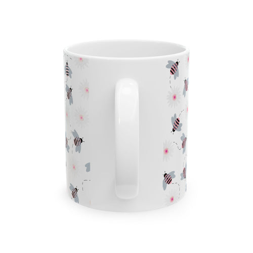 Bee Pattern Ceramic Mug — Cute Striped Bees & Pink Flower Dots, 11oz/15oz