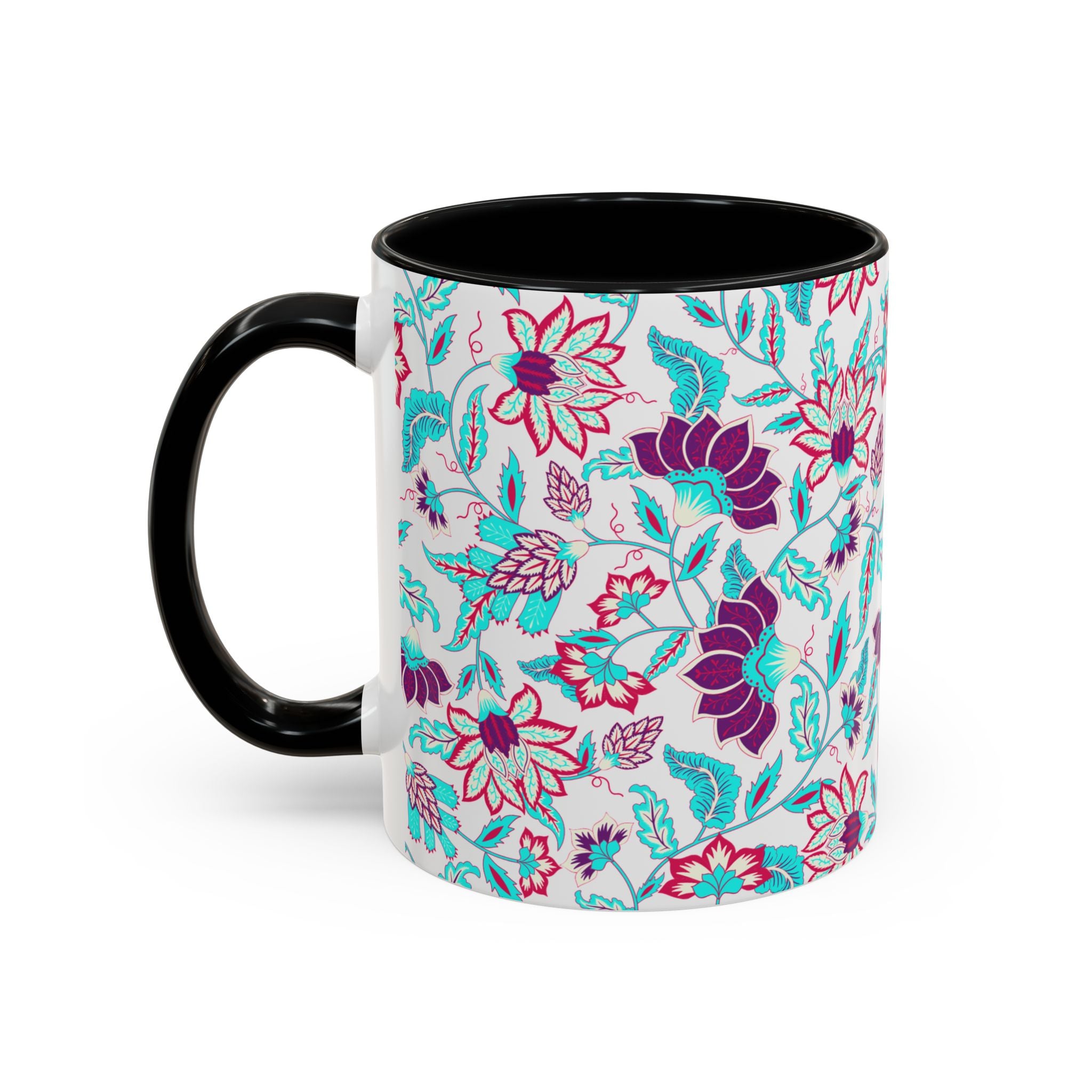 Floral Accent Coffee Mug – Teal & Magenta Patterned Ceramic Mug (11/15oz)