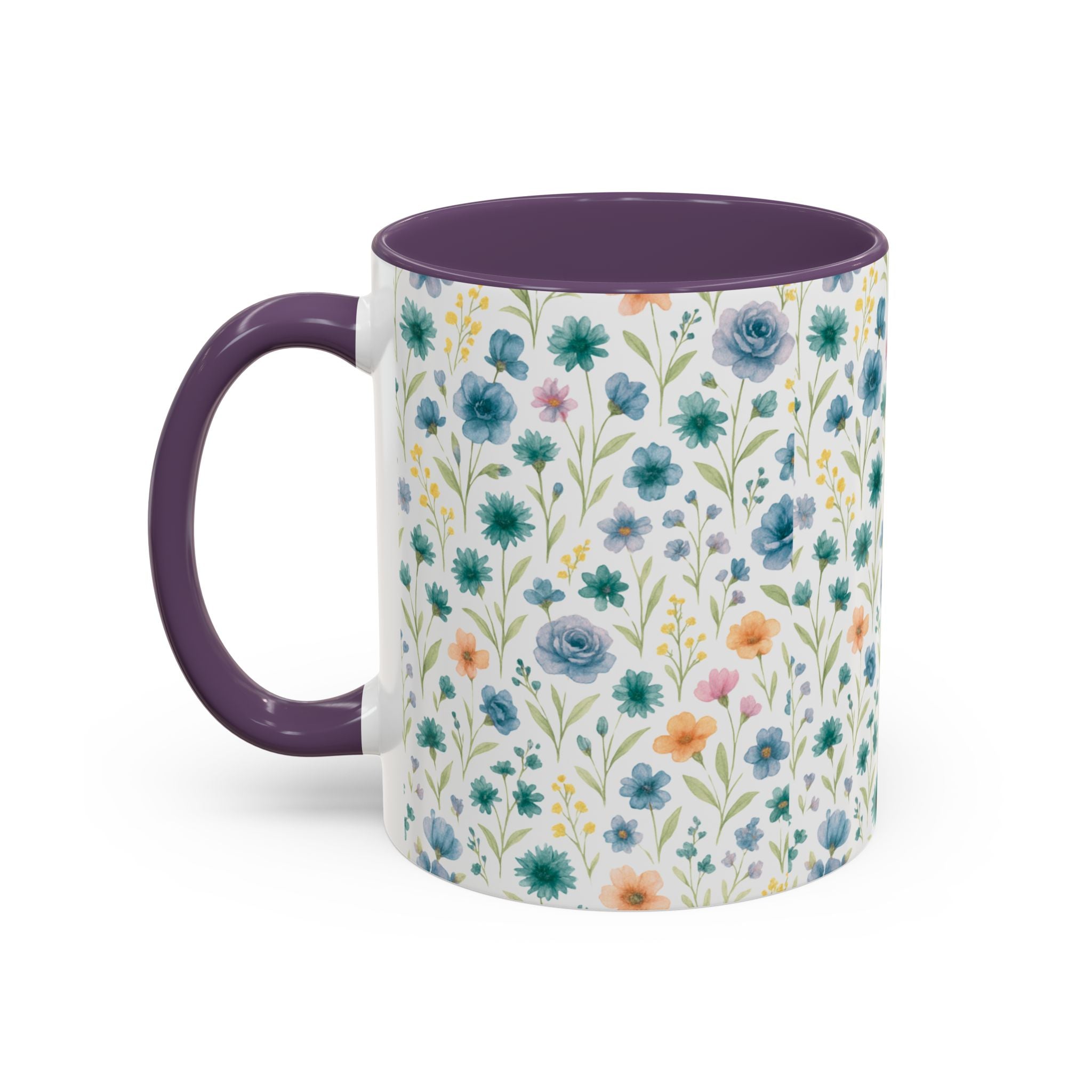 Floral Watercolor Accent Coffee Mug — Blue & Peach Wildflower Pattern (11/15oz)