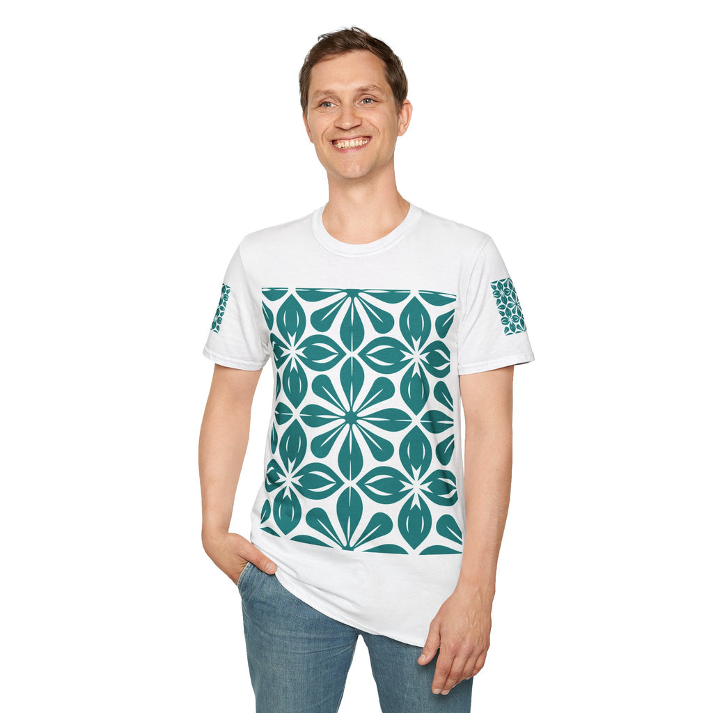 Teal Tile Pattern T‑Shirt — Retro Geometric Floral Graphic Tee