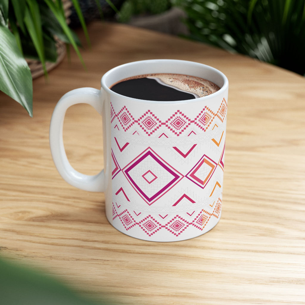 Boho Geo Pattern Ceramic Mug — Pink & Orange Tribal 11oz/15oz